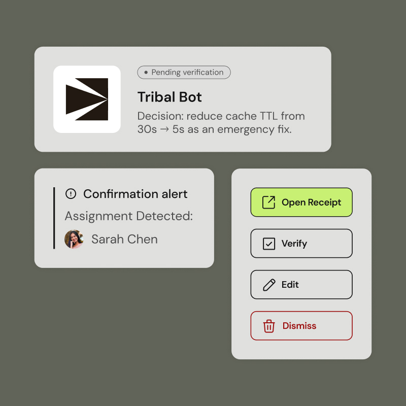 Tribal platform interface showing AI-generated decisions, alerts, and team verification workflow