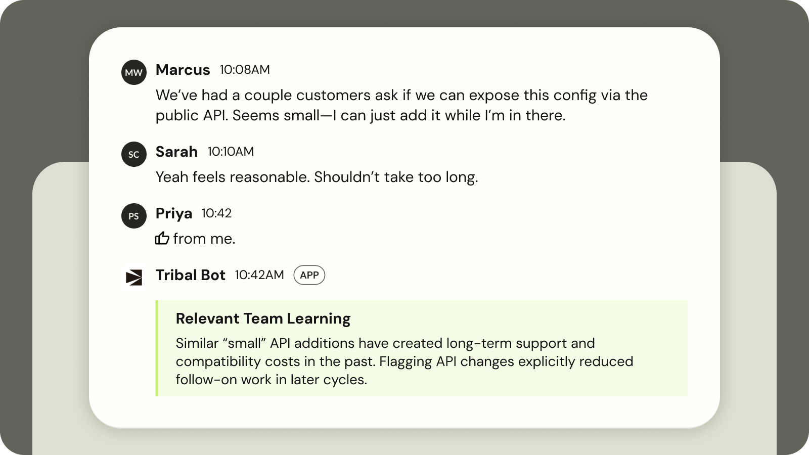 AI assistant surfacing relevant past team learnings directly within product discussions