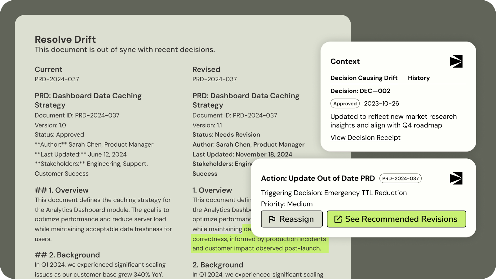 AI detecting document drift and suggesting updates to keep product decisions and documentation aligned