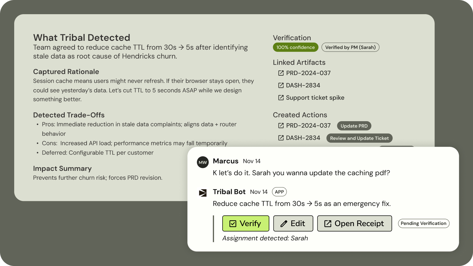 AI-captured product decision with verification workflow, team discussion, and confirmation alerts