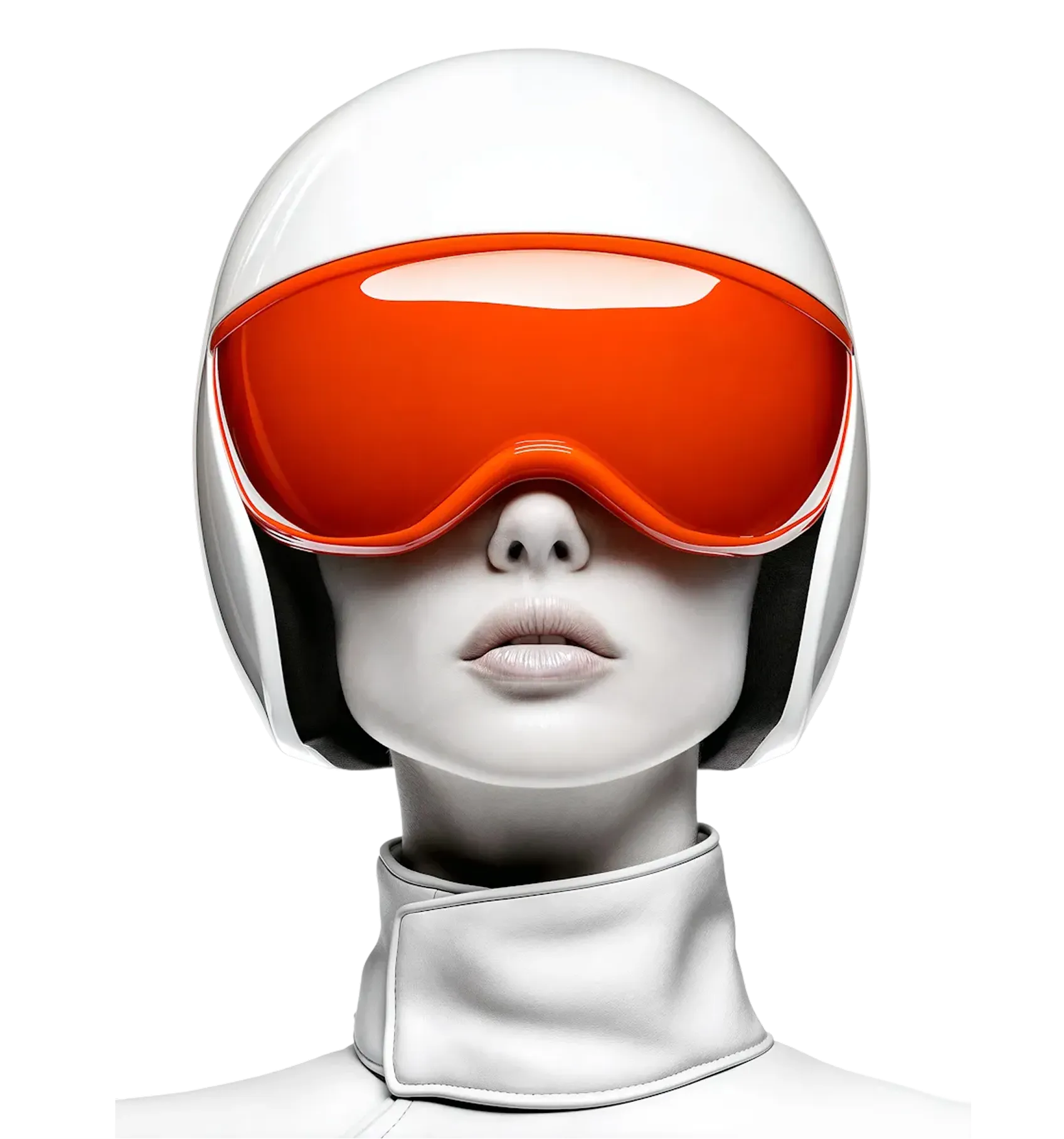 Close-up of a person wearing a white helmet with large orange visor and a high-collared white jacket.