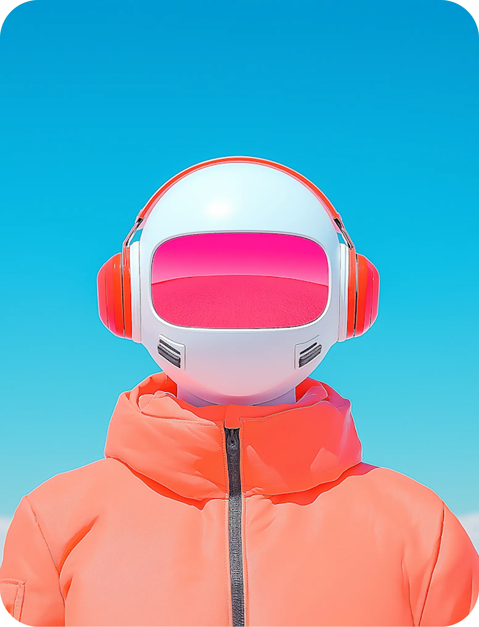 Person wearing a futuristic white helmet with a pink visor and matching pink headphones, dressed in an orange jacket against a clear blue sky.