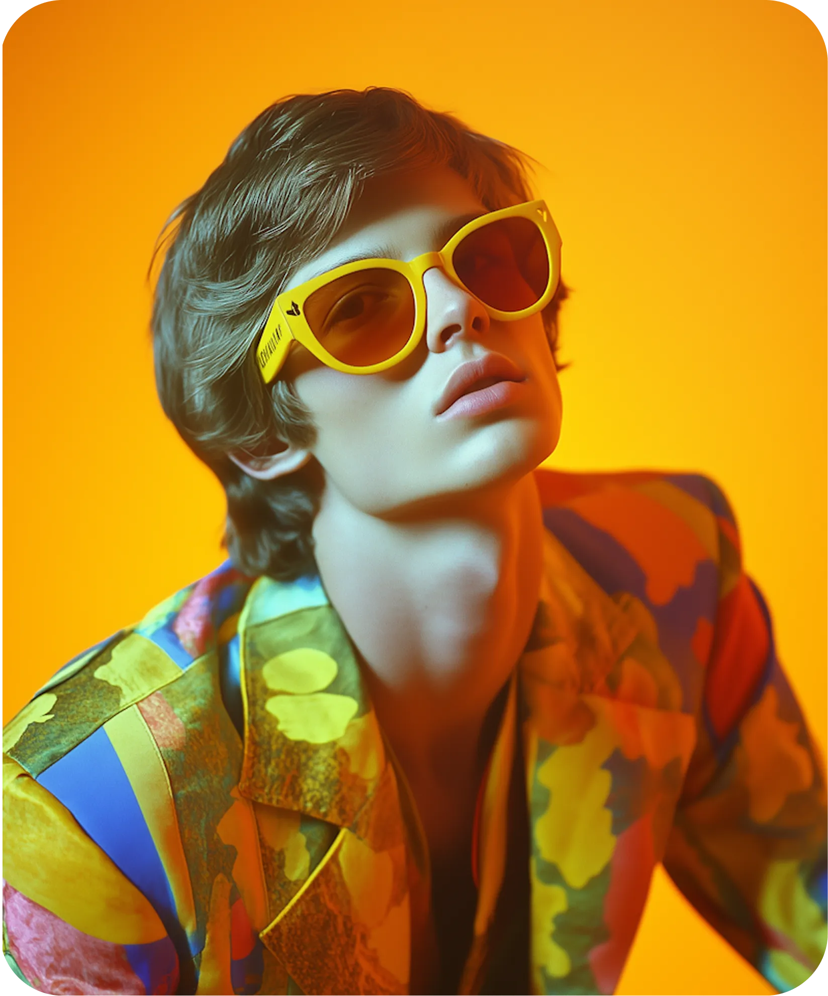 Young person wearing yellow sunglasses and a colorful patterned jacket against an orange background.