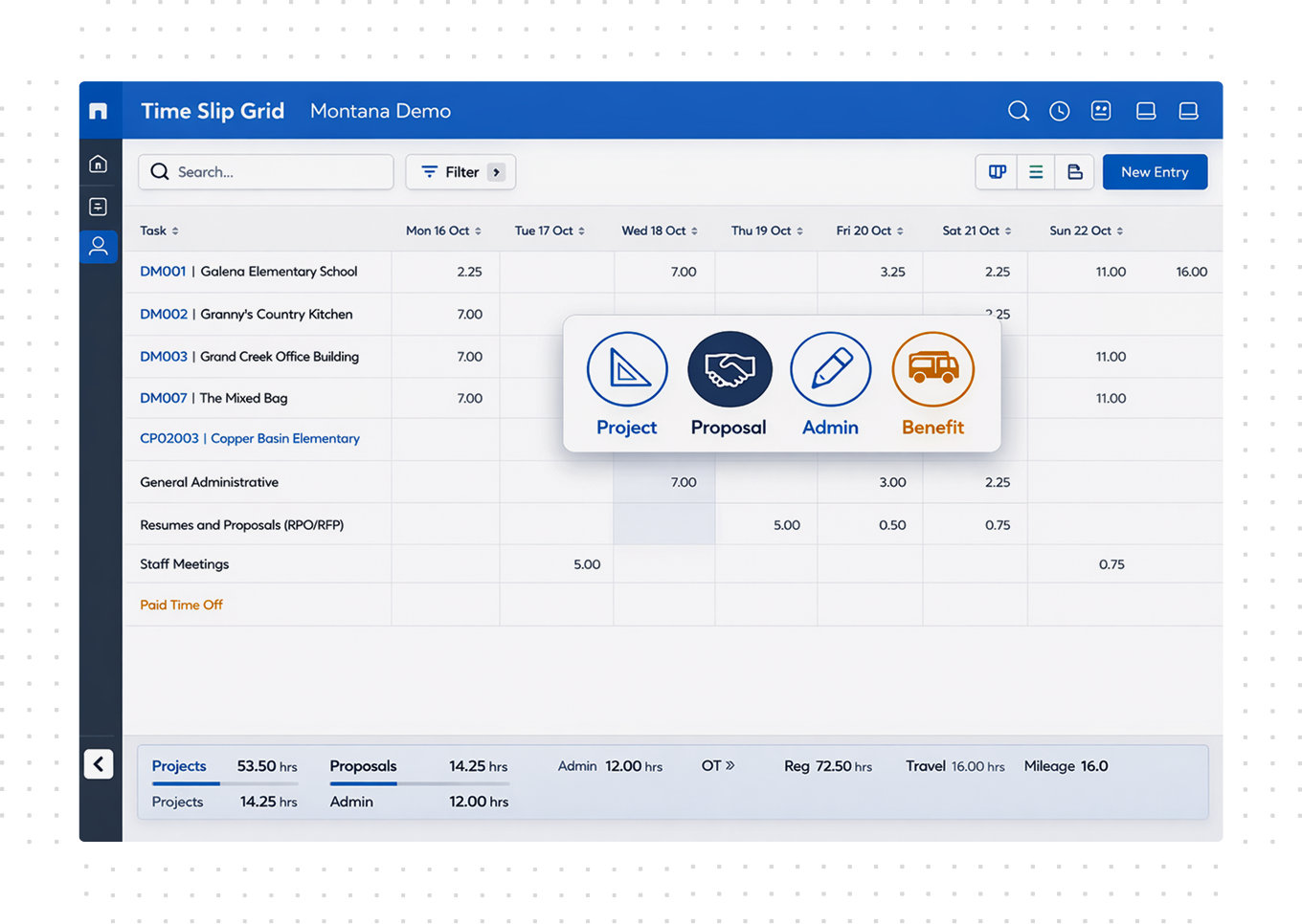 Time Slip Grid interface showing task time entries for projects, proposals, admin, and benefits from October 16 to 22, with a pop-up menu for selecting category icons.