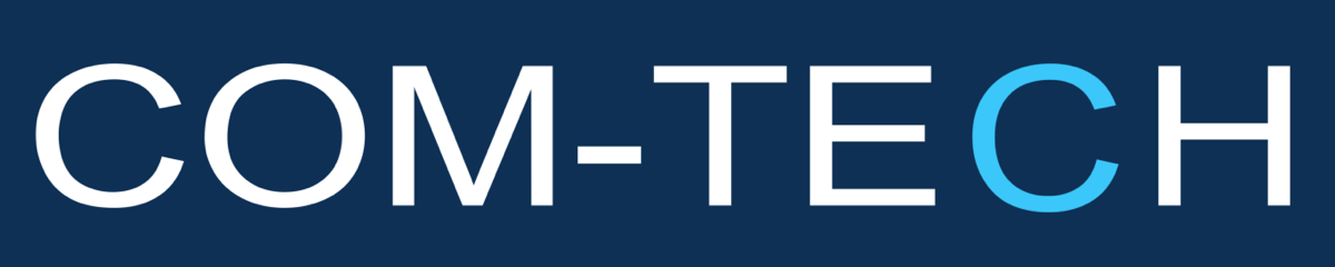 Logo text 'COM-TECH' with the letter C in light blue and the rest of the letters in white on a dark blue background.