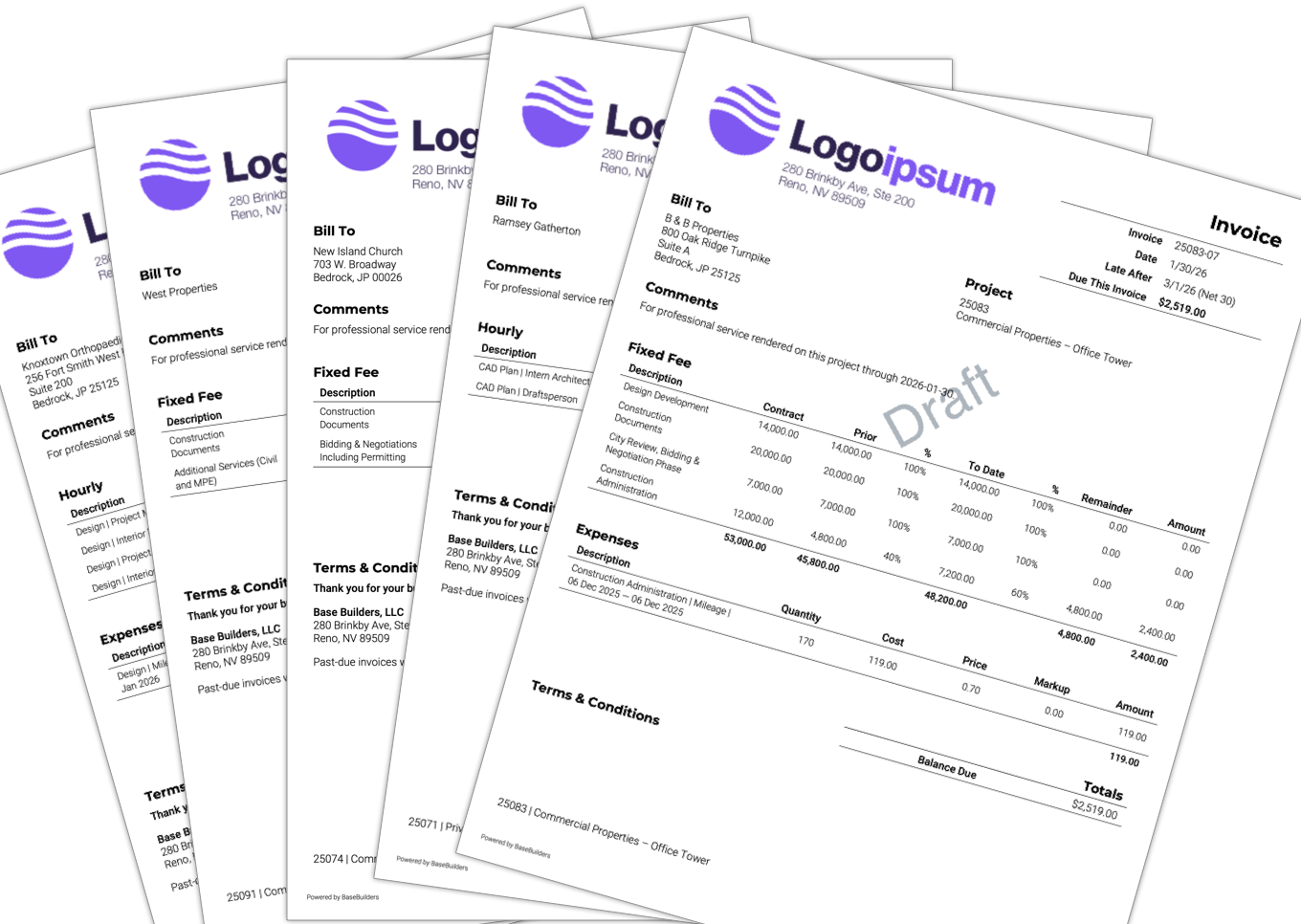 Stack of professional invoices with a purple logo and details including billing information, project descriptions, fixed fees, expenses, terms, and a draft watermark.