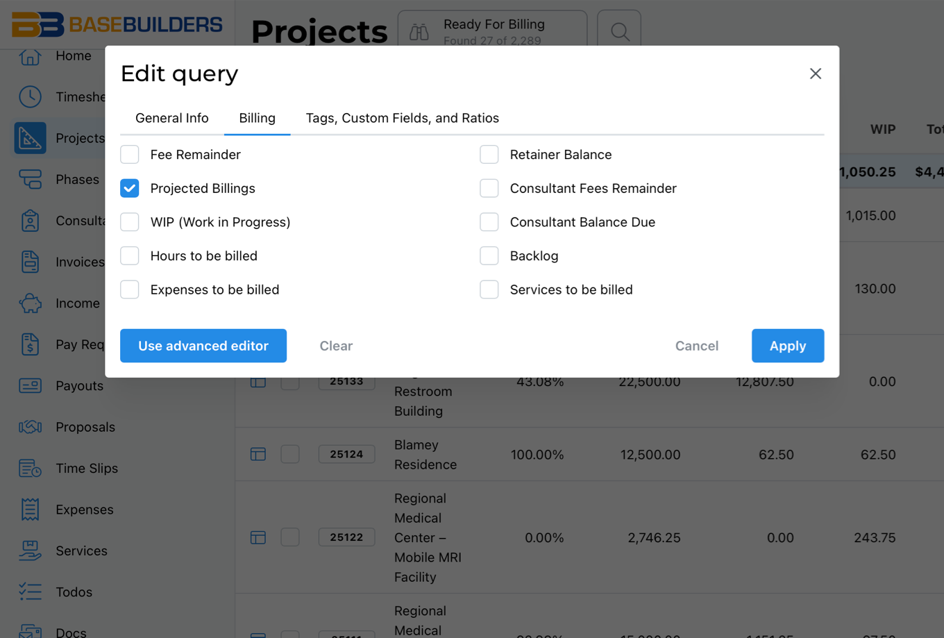 Popup window titled 'Edit query' with tabs General Info, Billing, and Tags showing billing options with checkboxes, including selected 'Projected Billings', and buttons 'Use advanced editor', 'Clear', 'Cancel', and 'Apply'.