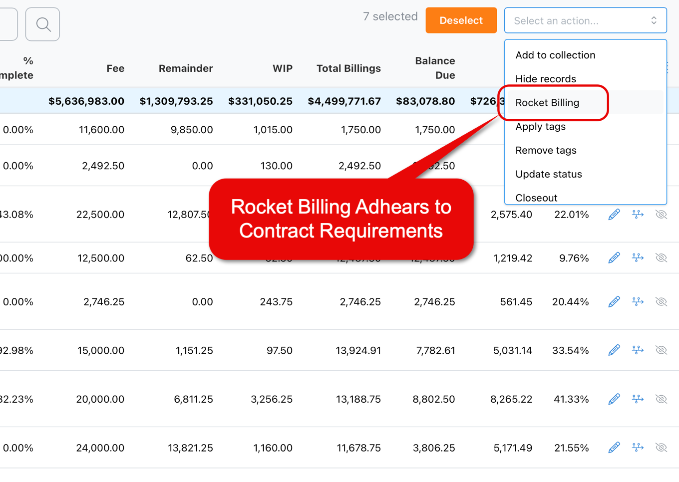 Screenshot of a billing management interface showing financial columns and a dropdown menu with the 'Rocket Billing' option highlighted and a red callout stating 'Rocket Billing Adhears to Contract Requirements'.