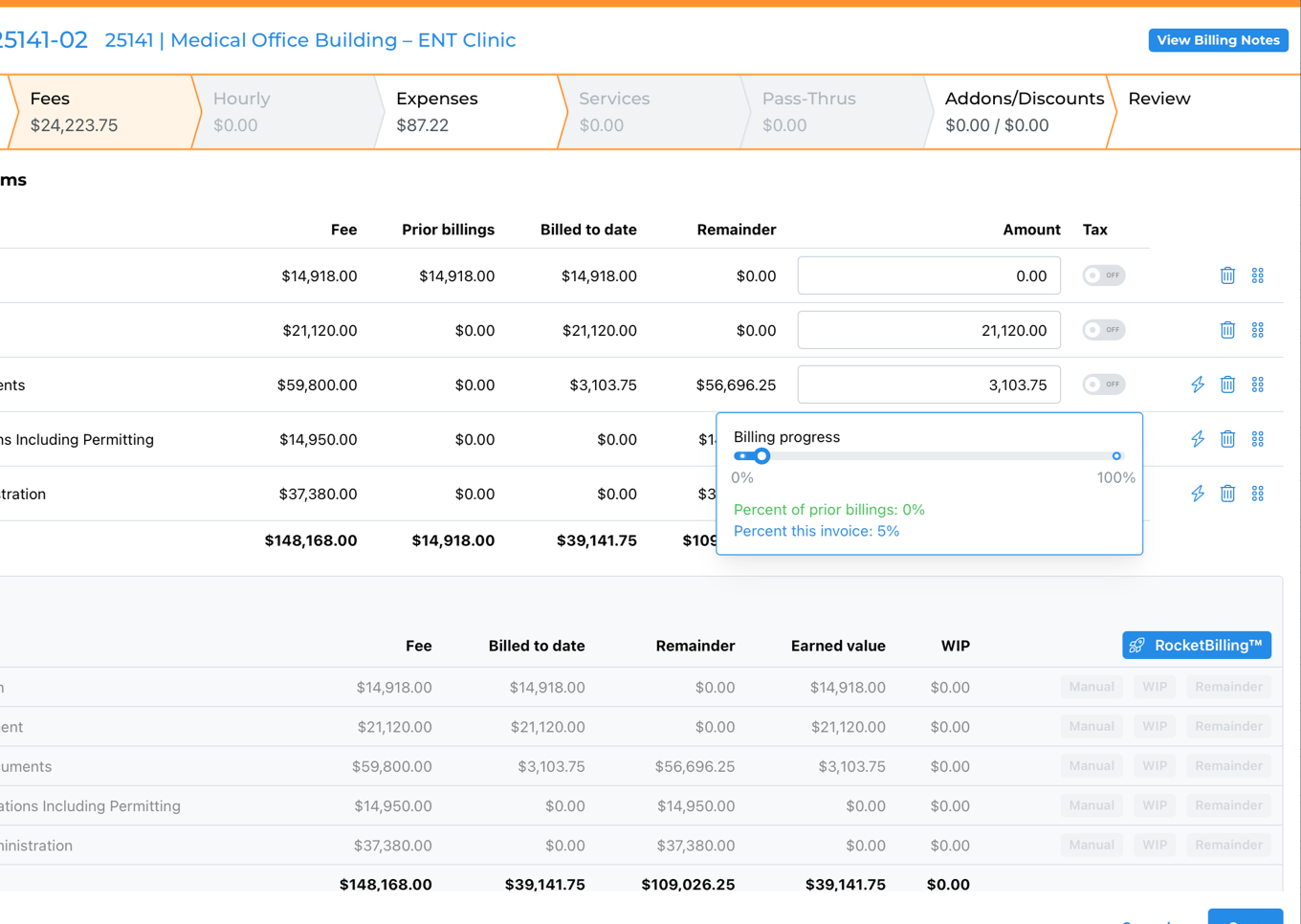 Billing interface for Medical Office Building - ENT Clinic showing fees, prior billings, billed to date, remainder, amount entry fields, tax toggles, and a billing progress slider set to 5%.