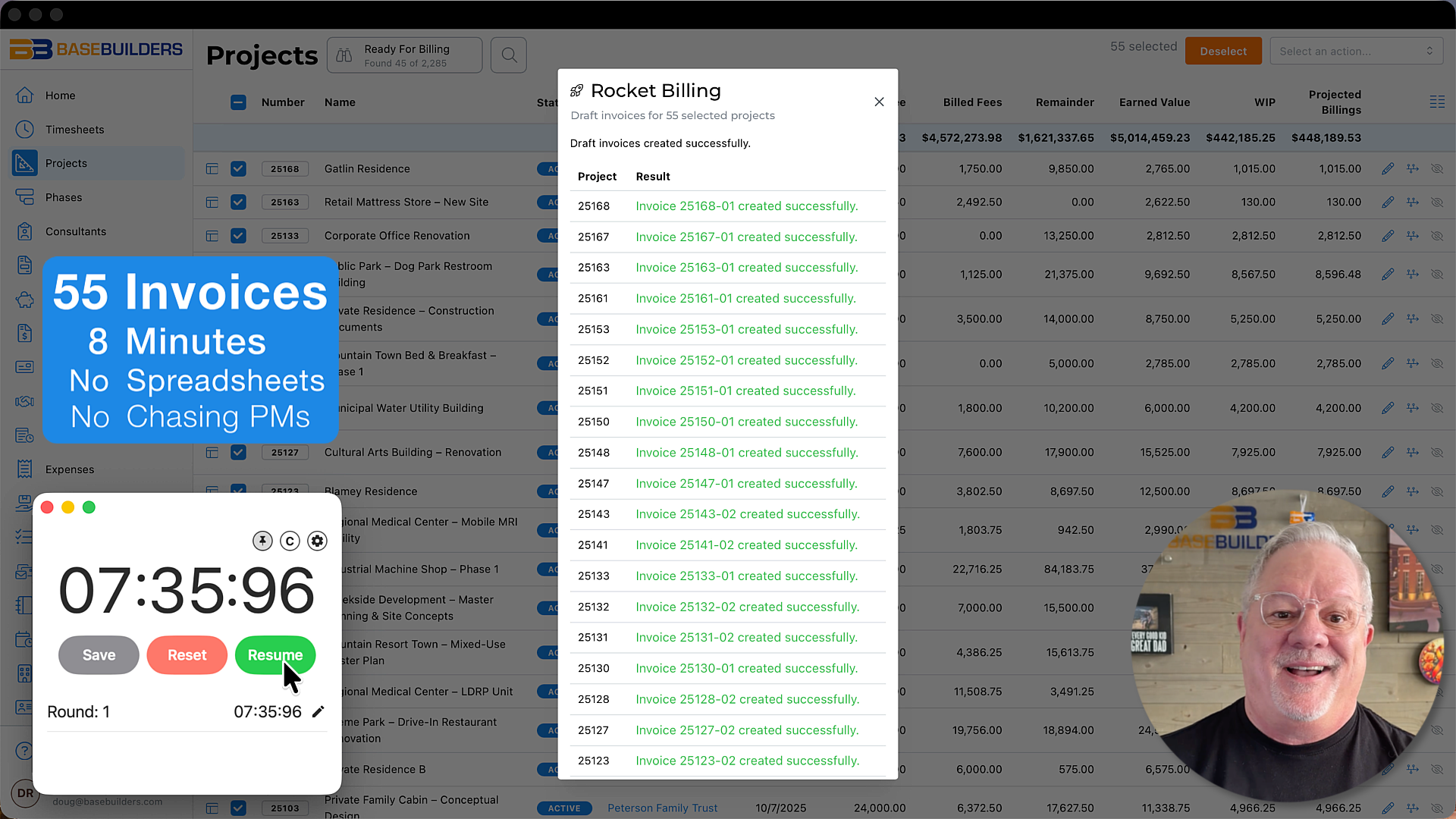 Screenshot of BaseBuilders software showing successful creation of 55 invoices, with a timer app displaying 7 minutes 35 seconds and a man smiling in a circular video overlay.