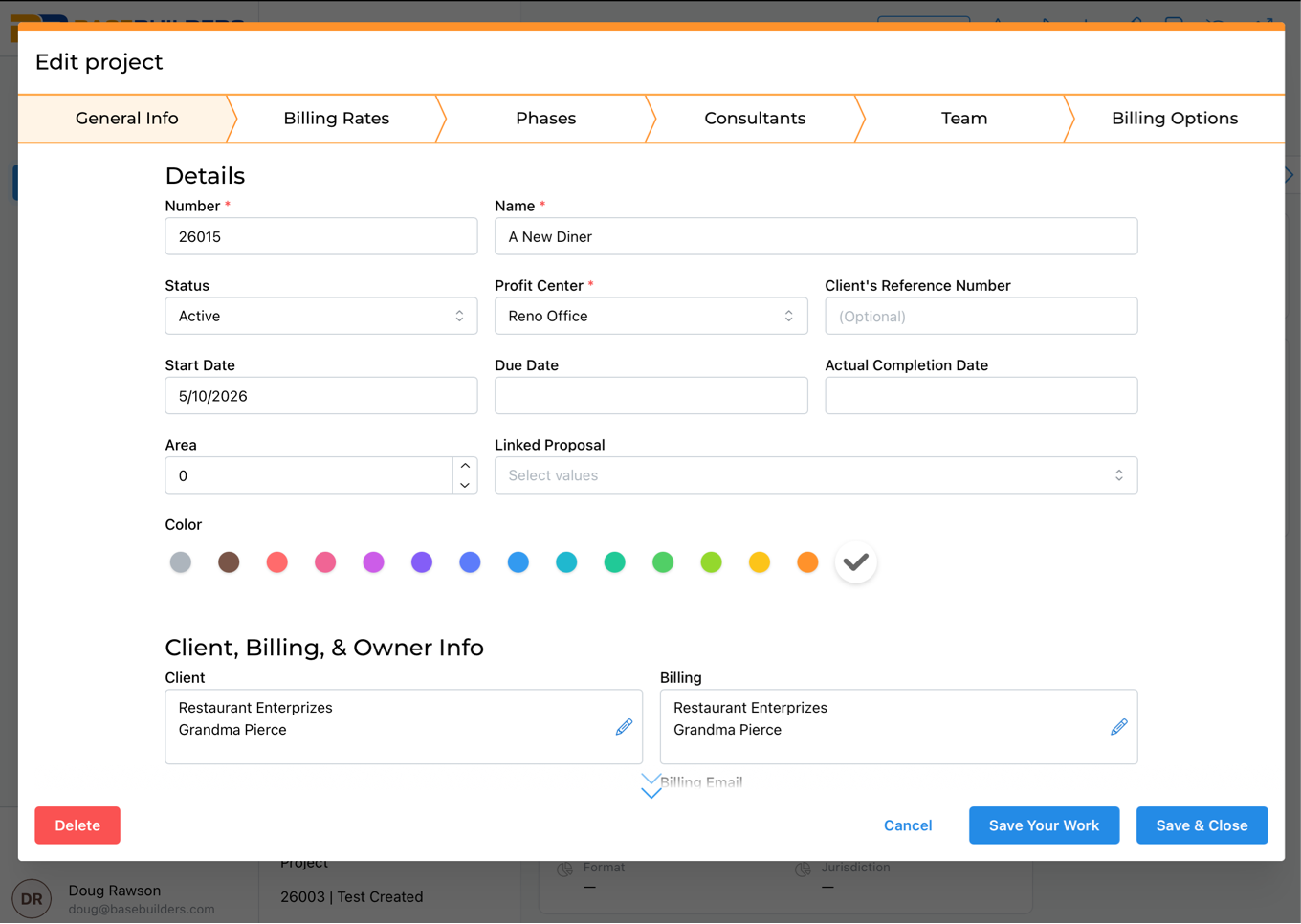 Project edit form showing details like project number 26015, name A New Diner, status Active, profit center Reno Office, start date 5/10/2026, various color options, and client and billing info for Restaurant Enterprizes with contact Grandma Pierce.