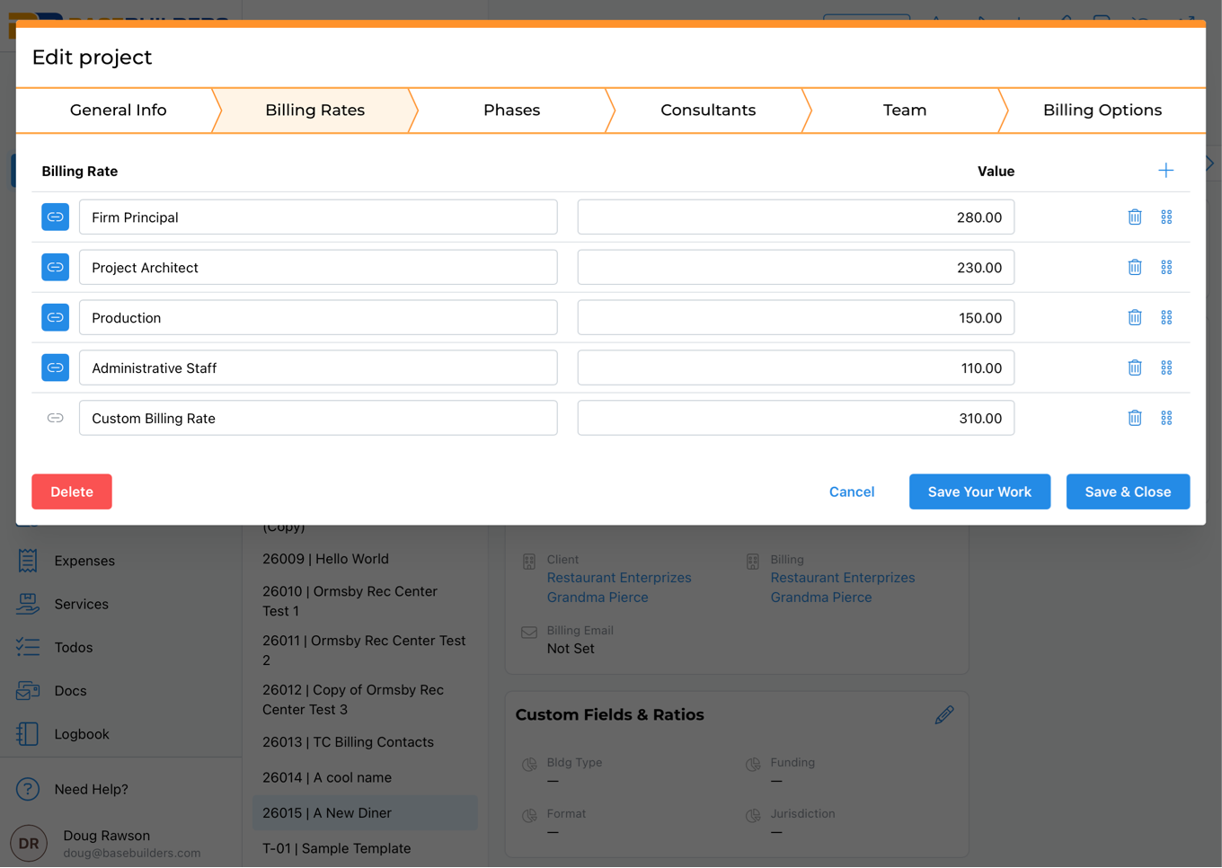 Edit project window showing billing rates with roles like Firm Principal, Project Architect, Production, Administrative Staff, and Custom Billing Rate, each with assigned values and options to delete or save.