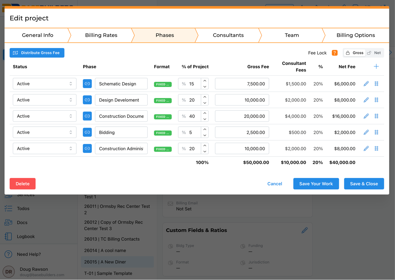 Edit project interface showing tabs for General Info, Billing Rates, Phases, Consultants, Team, and Billing Options with a table of project phases, statuses, fees, and percentages.