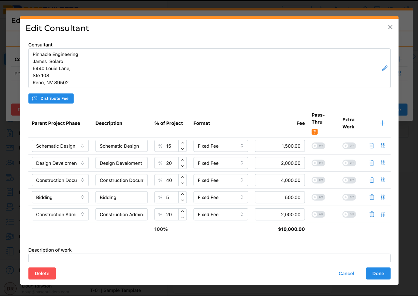 Edit Consultant form showing Pinnacle Engineering with consultant details and project phases with fees totaling $10,000.