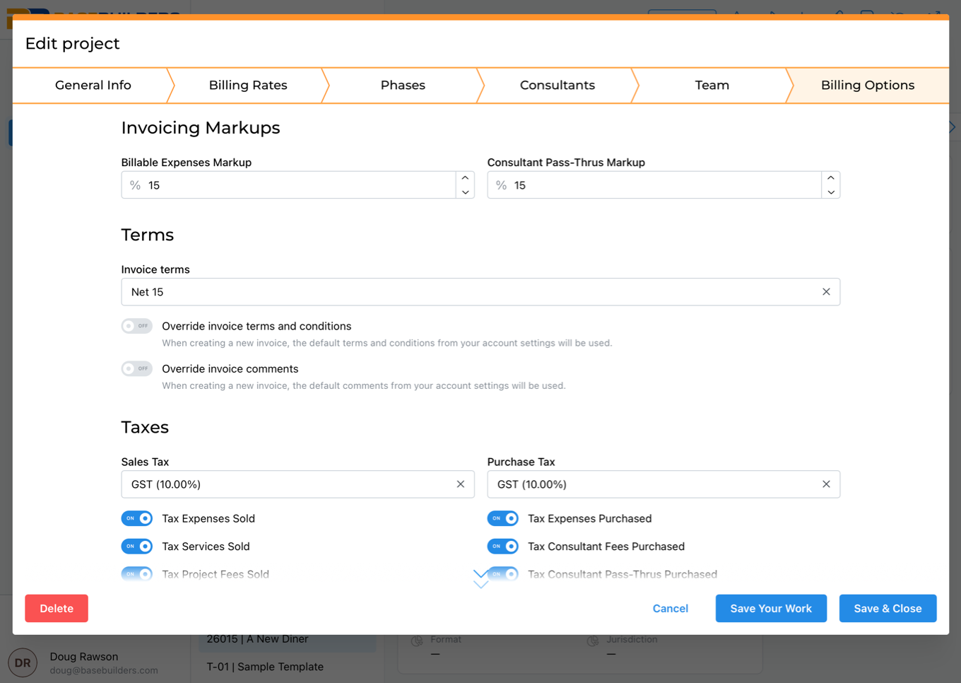 Project billing options interface showing invoicing markups at 15%, invoice terms set to Net 15, sales and purchase tax set to GST at 10%, with various tax options toggled on or off.