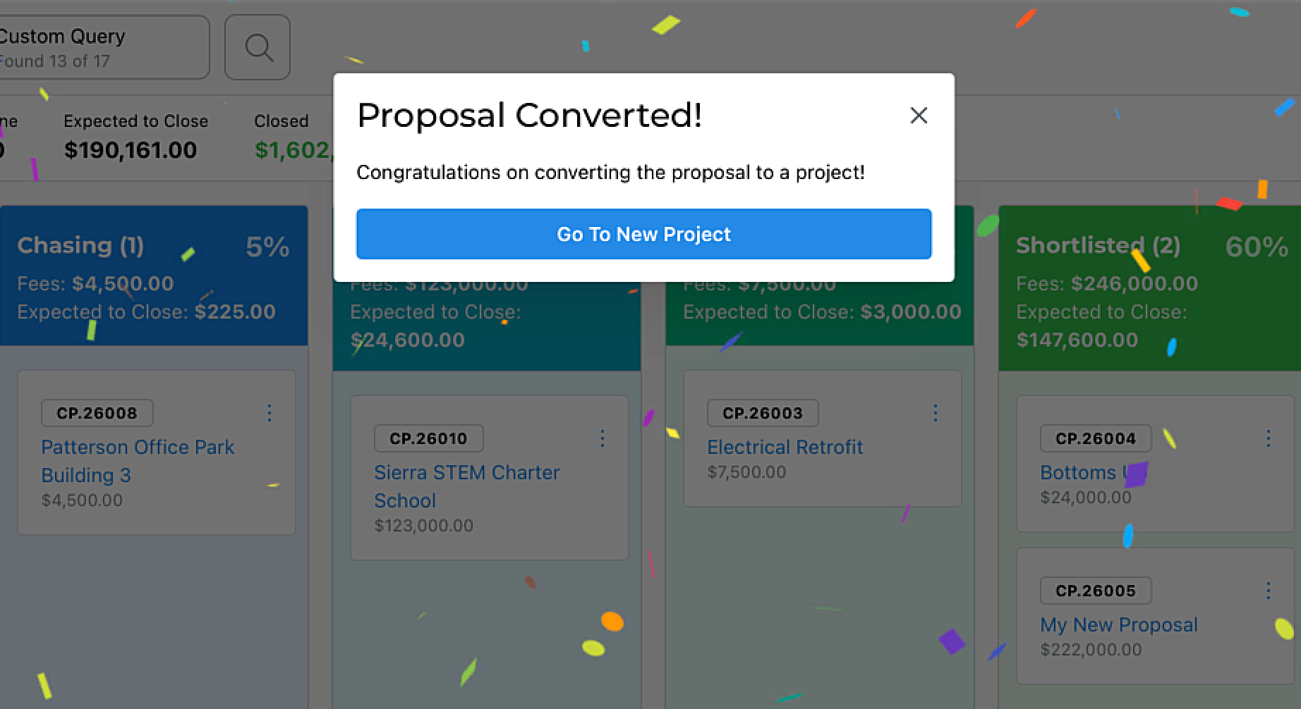 Popup message saying Proposal Converted! with congratulations and a button to go to the new project amid confetti.
