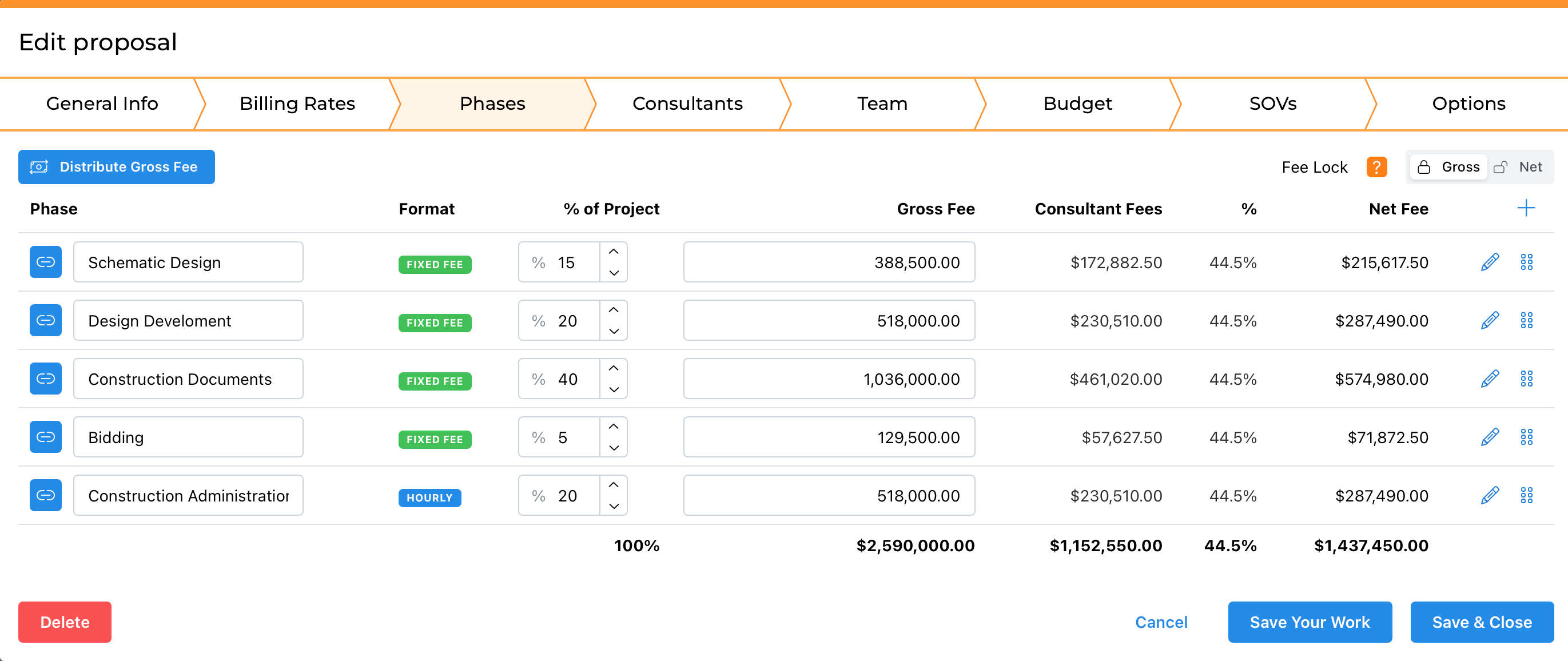 Proposal phases table listing schematic, design, construction, bidding, and admin with fees, percentages, and formats.