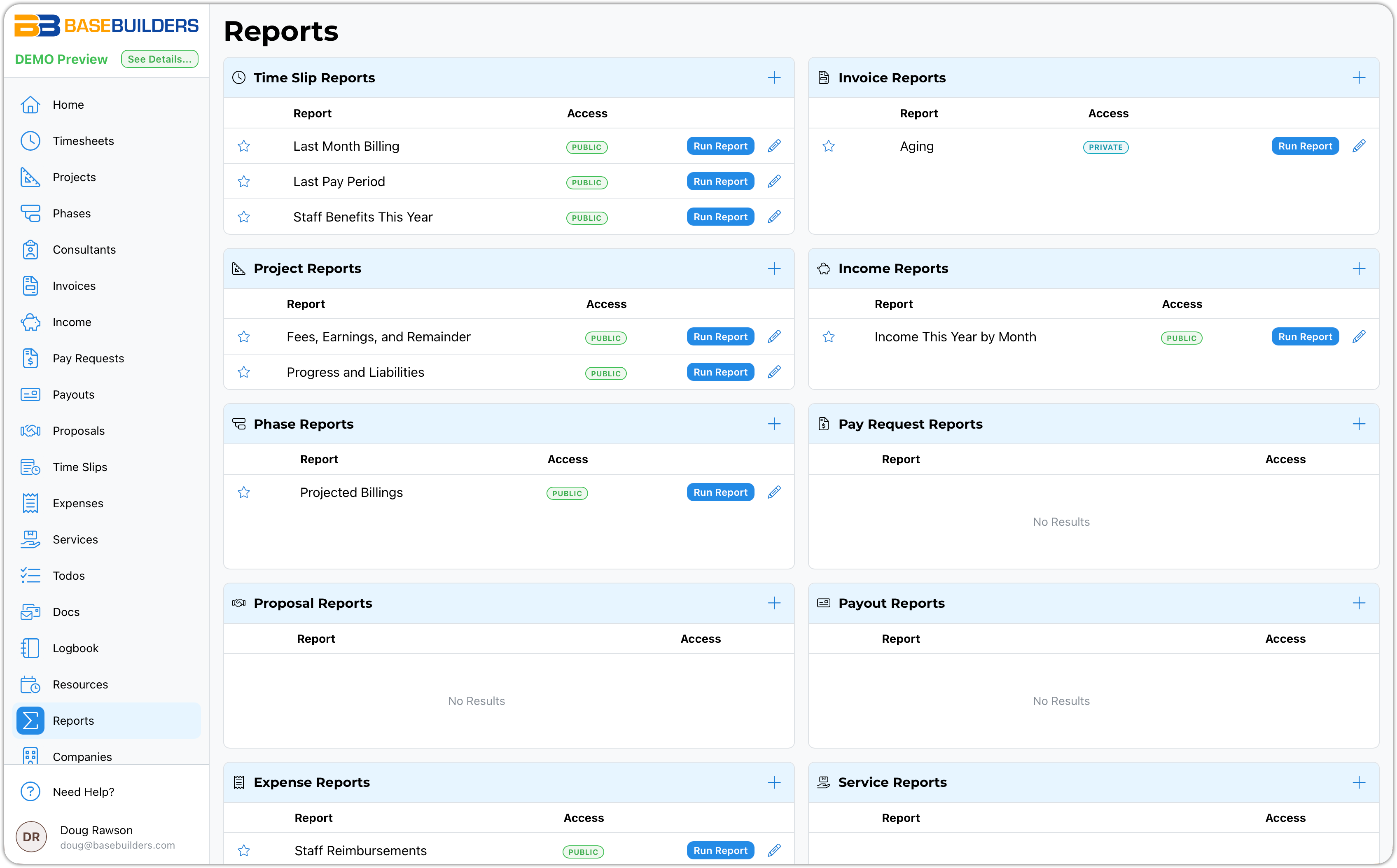 BaseBuilders software interface showing the Reports section with multiple report categories: Time Slip Reports with Last Month Billing, Last Pay Period, and Staff Benefits This Year marked public; Project Reports with Fees, Earnings, and Remainder and Progress and Liabilities as public; Phase Reports with Projected Billings public; Invoice Reports showing Aging as private; Income Reports with Income This Year by Month public; Pay Request Reports, Proposal Reports, and Payout Reports showing no results; Expense Reports with Staff Reimbursements public; and Service Reports. Each report has options to Run Report or edit.