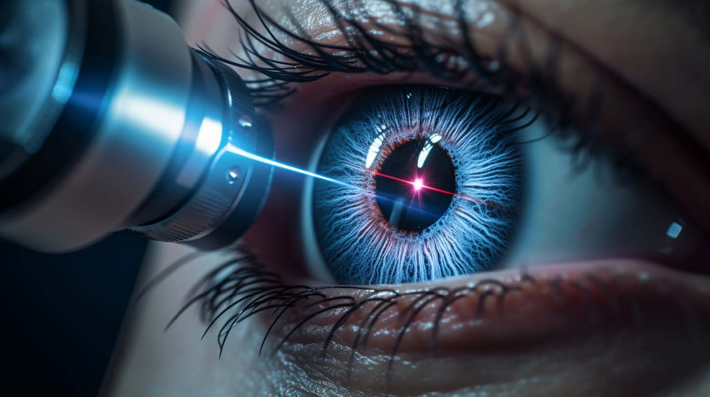 Close-up of an eye undergoing laser eye surgery with a focused blue and red laser beam on the iris.