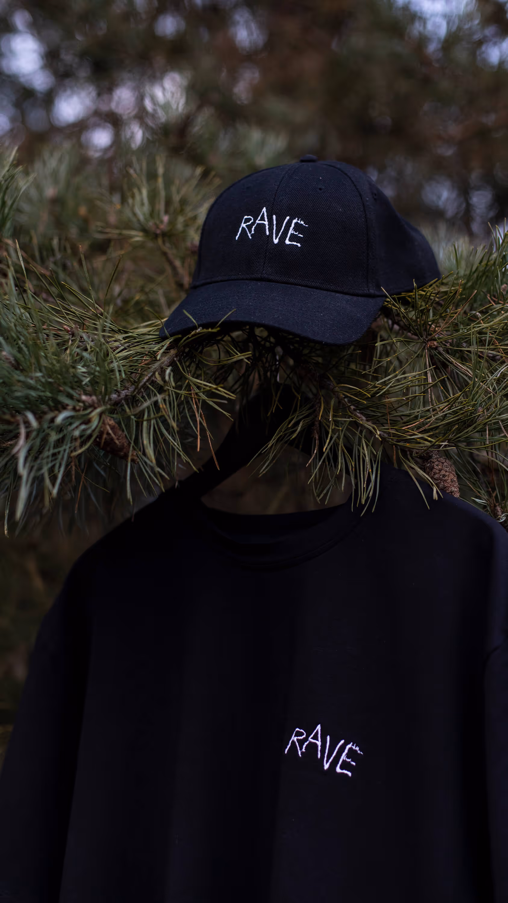 Černá čepice a tričko se slovy RAVE zavěšené mezi větvemi jehličnatého stromu.