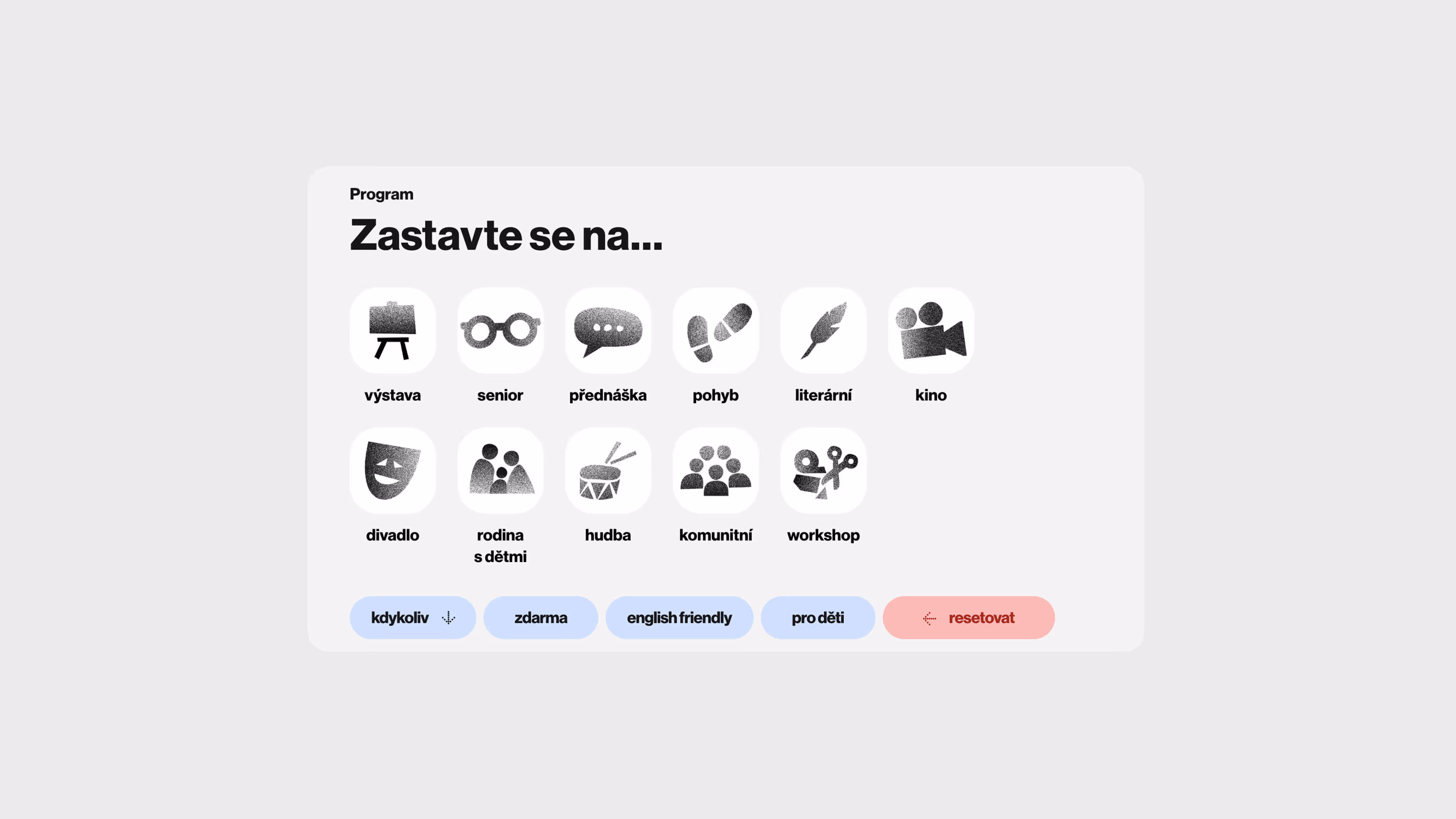 Ikony programů: výstava, senior, přednáška, pohyb, literární, kino, divadlo, rodina s dětmi, hudba, komunitní, workshop.