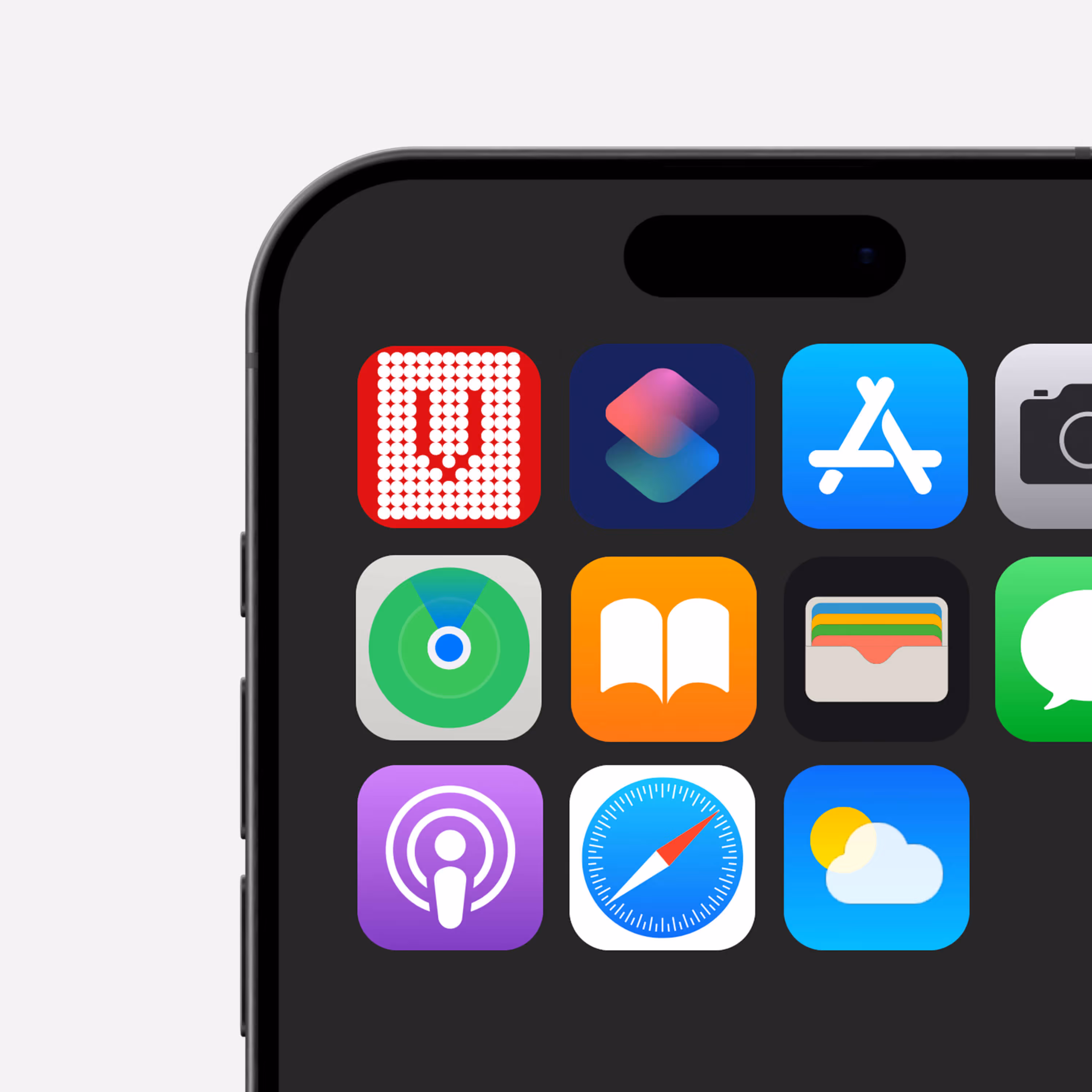 Detail displeje iPhonu s aplikacemi včetně Knih, Safari a Počasí.
