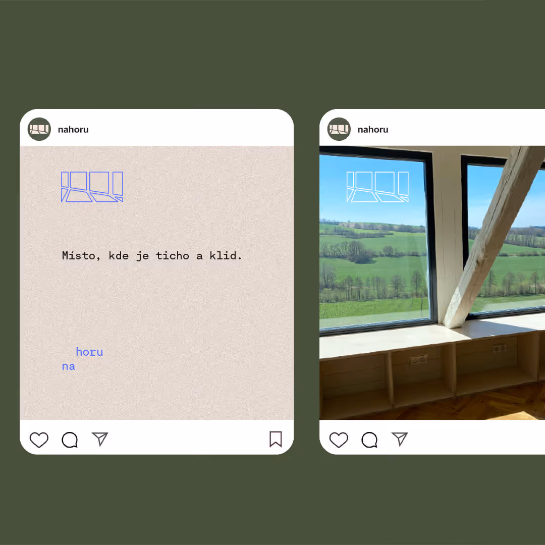 Dva příspěvky Instagramu od nahoru; text o tichu a klidu a výhled zelené krajiny z okna.