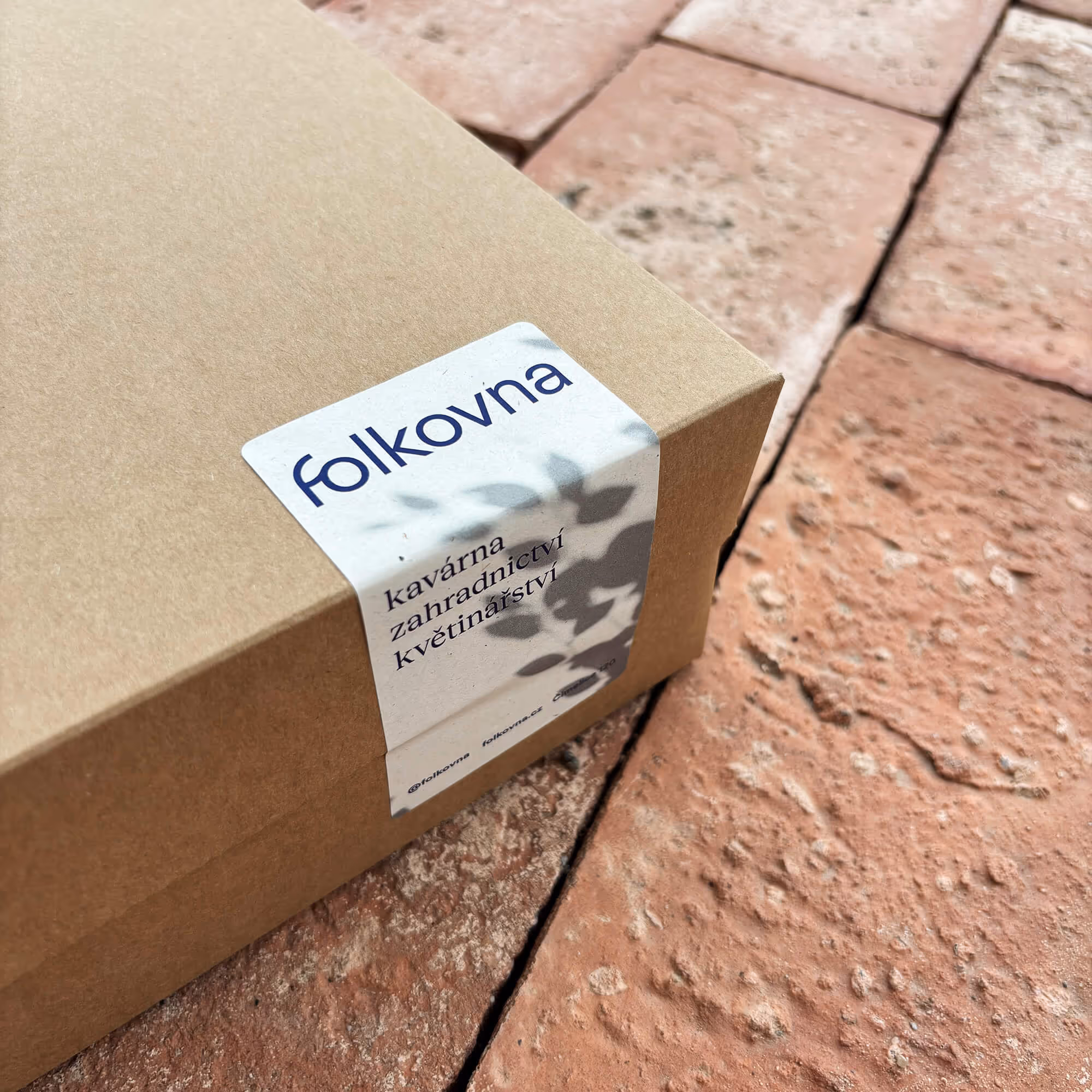 Detail of a brown cardboard box with a Folkovna label on a textured brick surface.