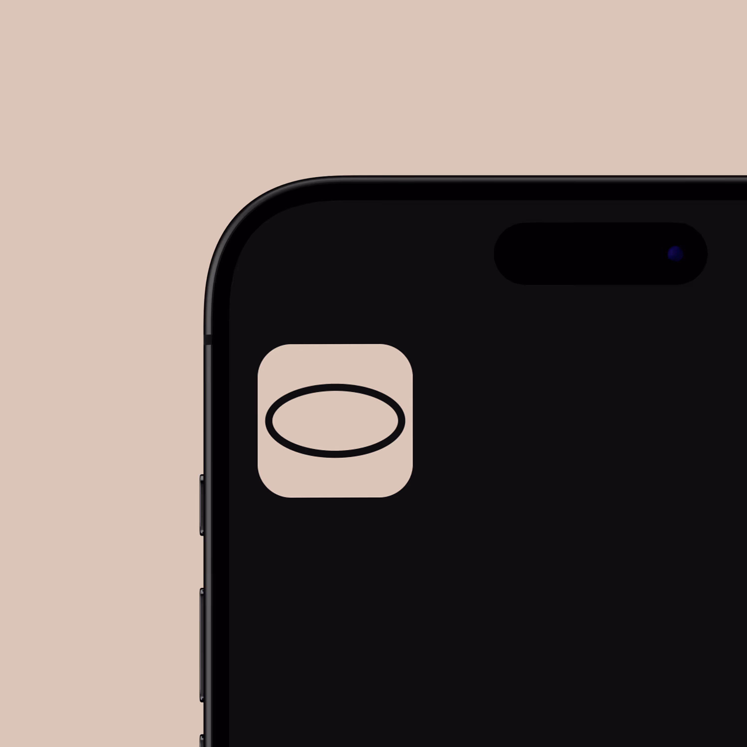 Detail of a black smartphone's upper left corner with a beige app icon showing a black oval outline.