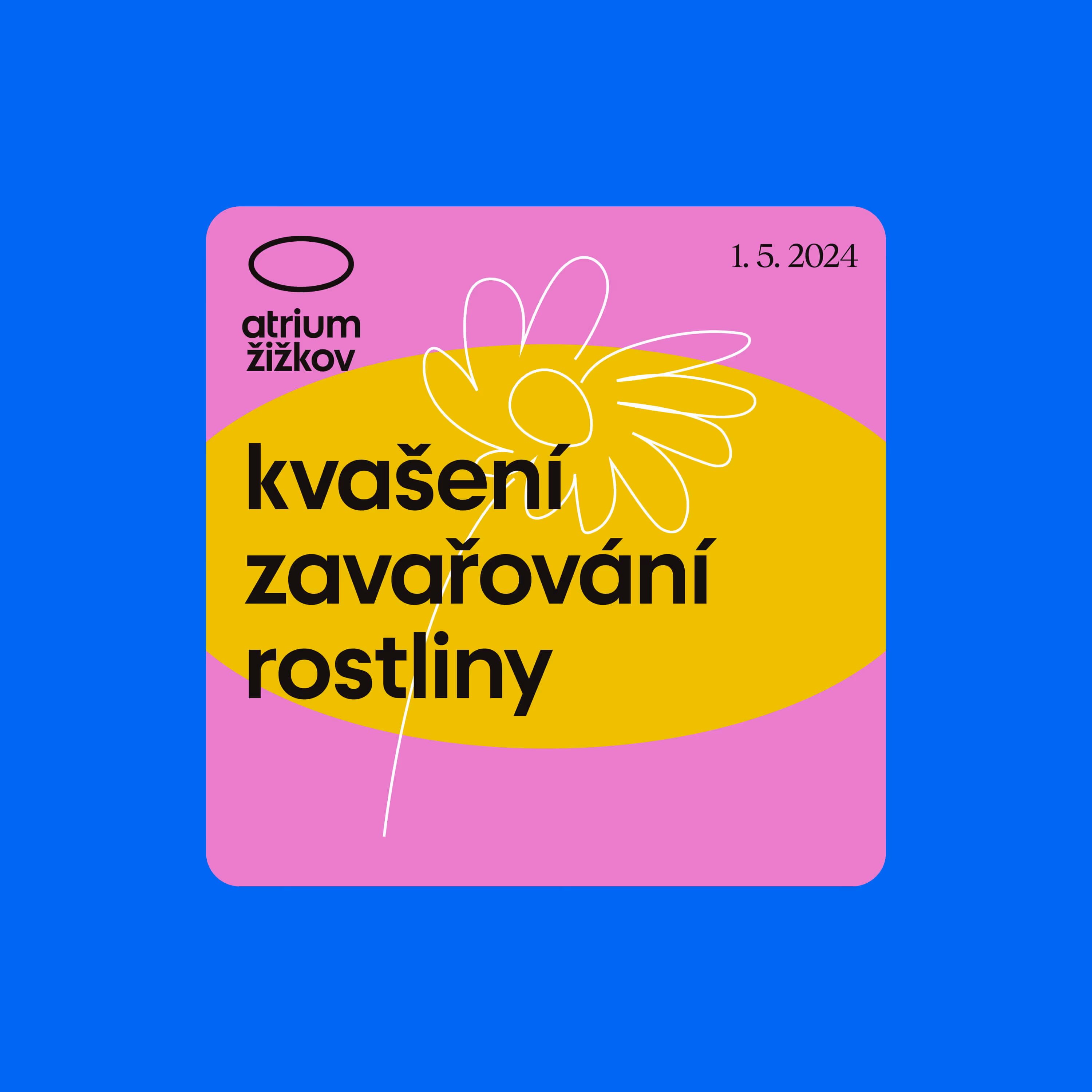 Promo plakát s růžovým pozadím a žlutým oválem ozdobeným květinovým motivem o kvašení a rostlinách.