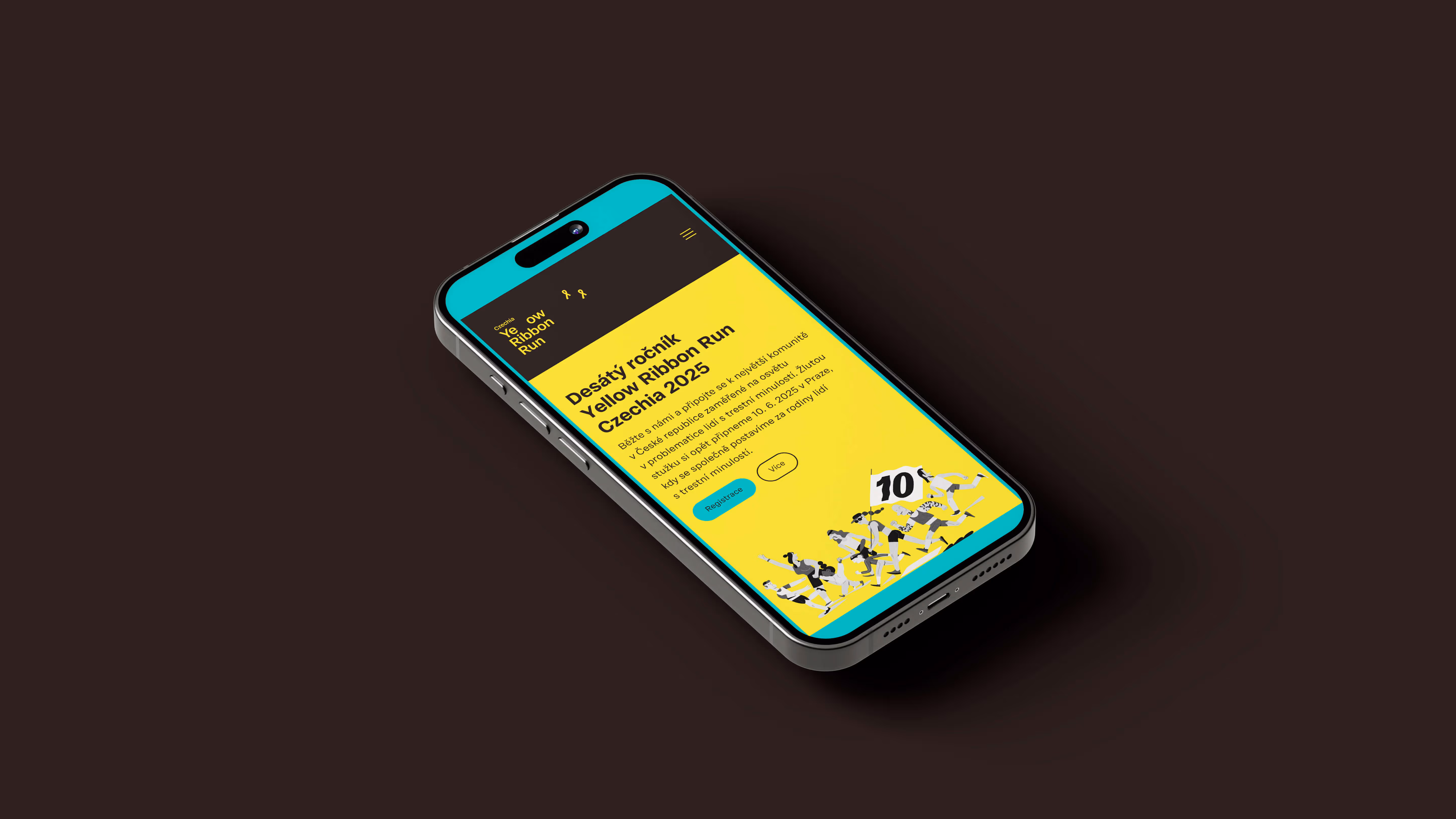 Mobilní telefon s webovou stránkou pro desátý ročník běhu Yellow Ribbon Run 2025.