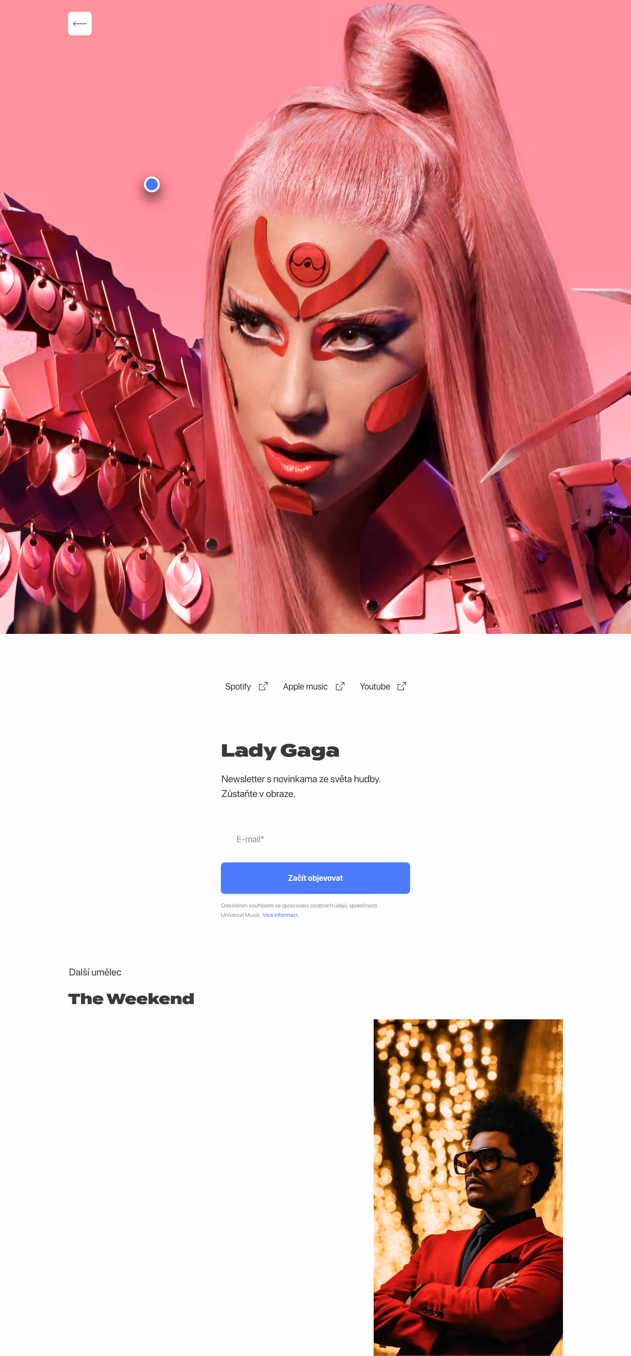 Lady Gaga s růžovými vlasy a futuristickým make-upem na růžovém pozadí.