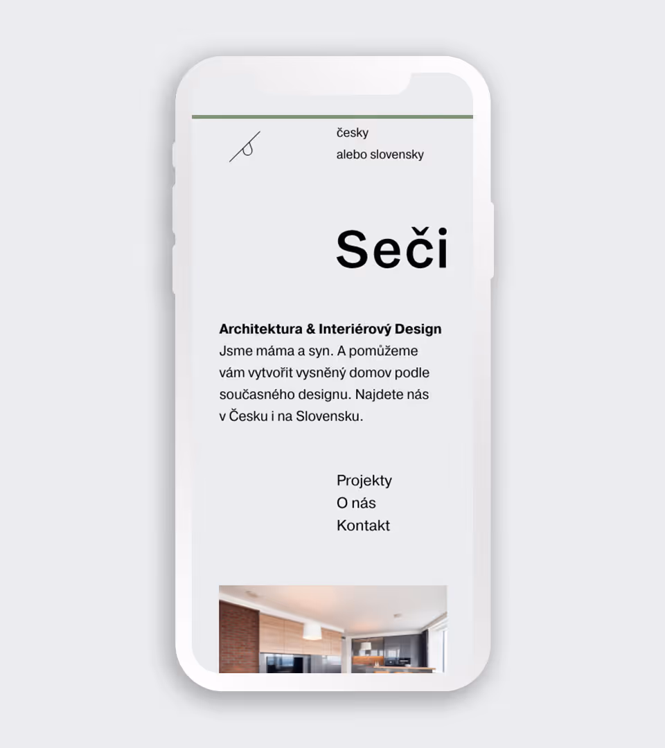 Mobilní obrazovka webu Seči s architekturou a interiérovým designem pro Česko a Slovensko.