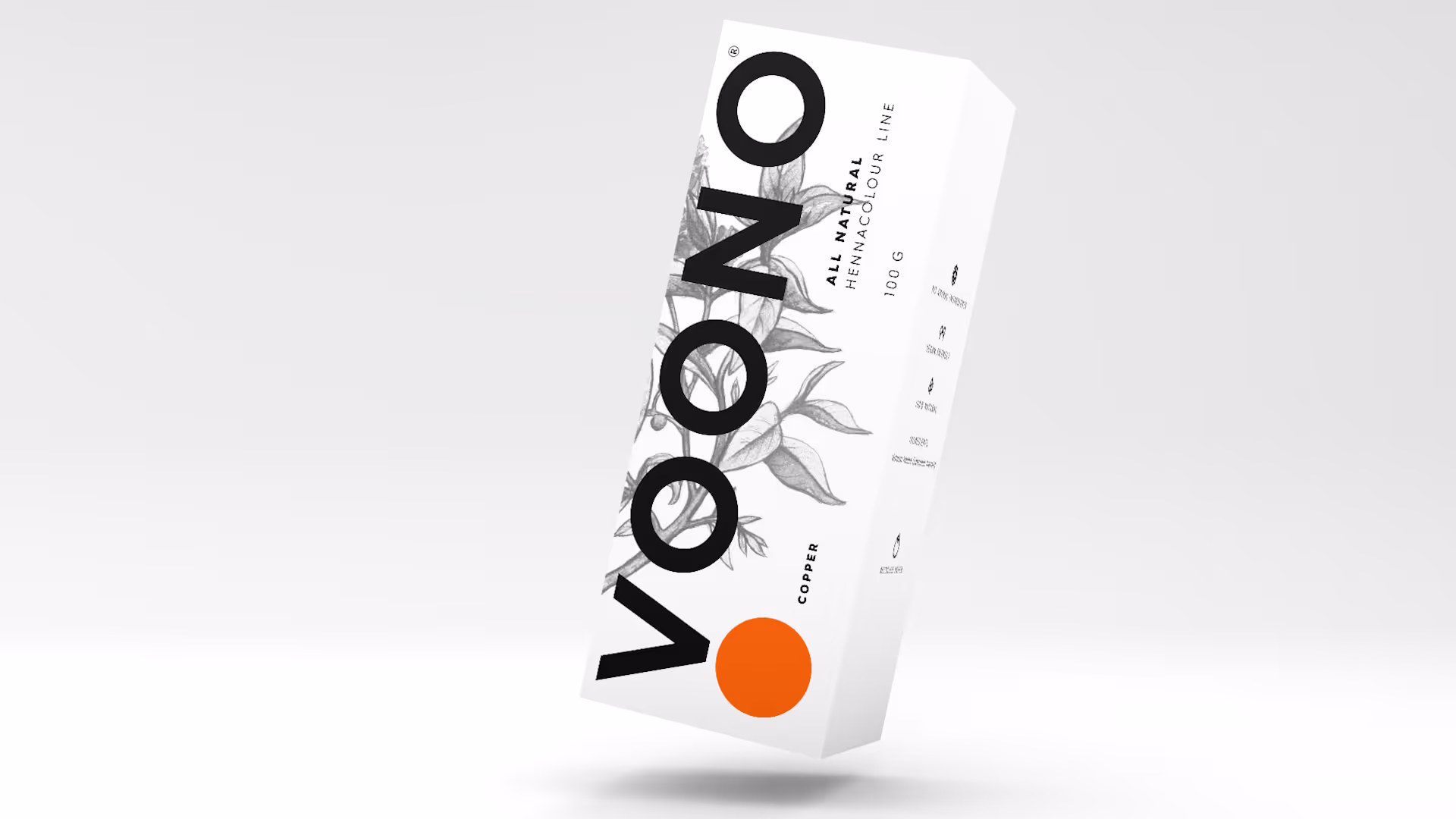 Bílý obal produktu Voono s černým nápisem a ilustrací rostliny, odstín měď, 100g.