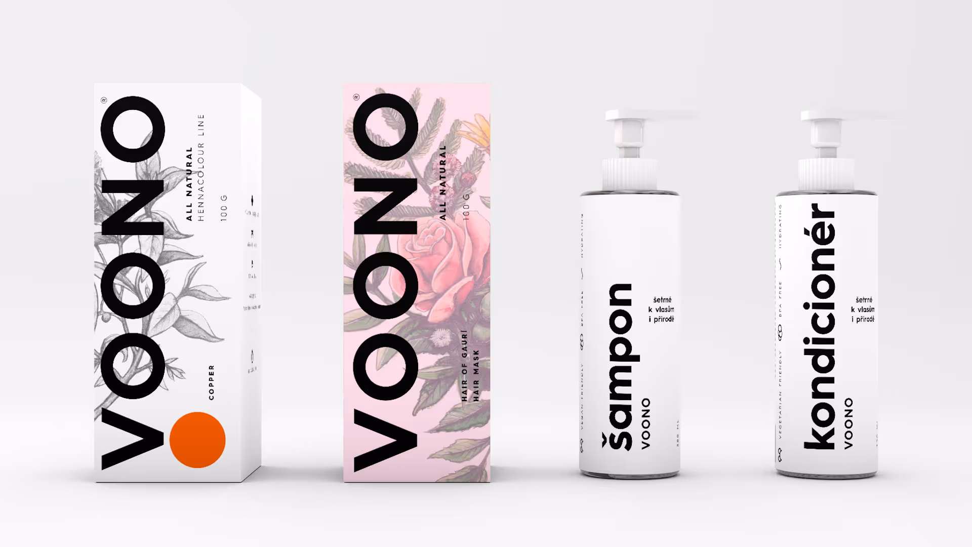 Čtyři produkty VOONO: dvě krabice a dvě láhve se štítky šampon a kondicionér.