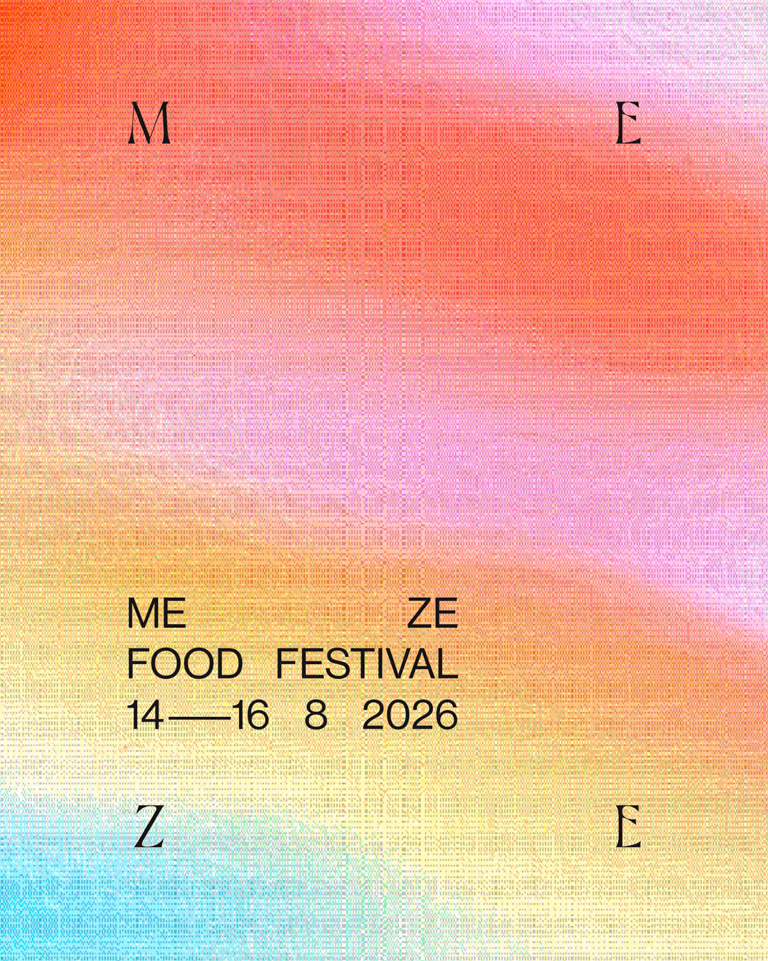 Gradient background with text announcing Meze Food Festival from August 14-16, 2026.