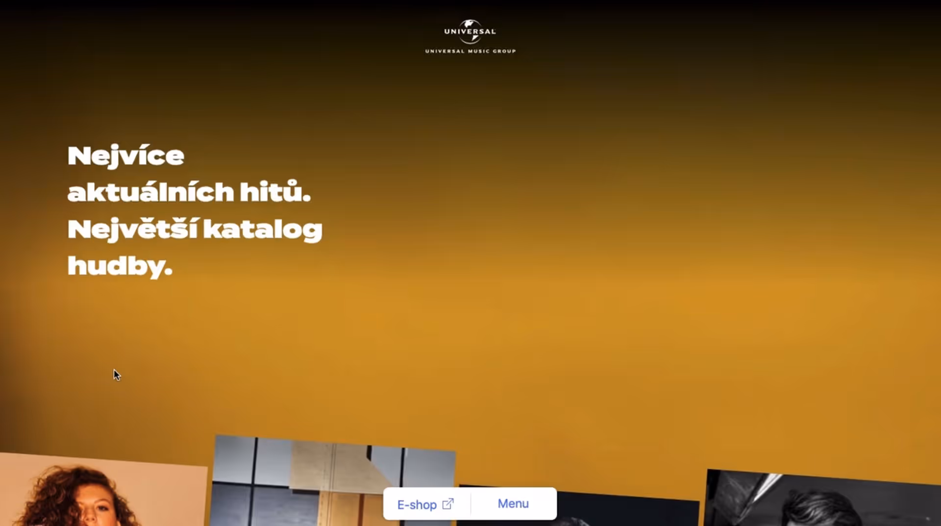 Logo Universal Music Group s textem nejvíce aktuálních hitů a největší katalog hudby na oranžovém pozadí.