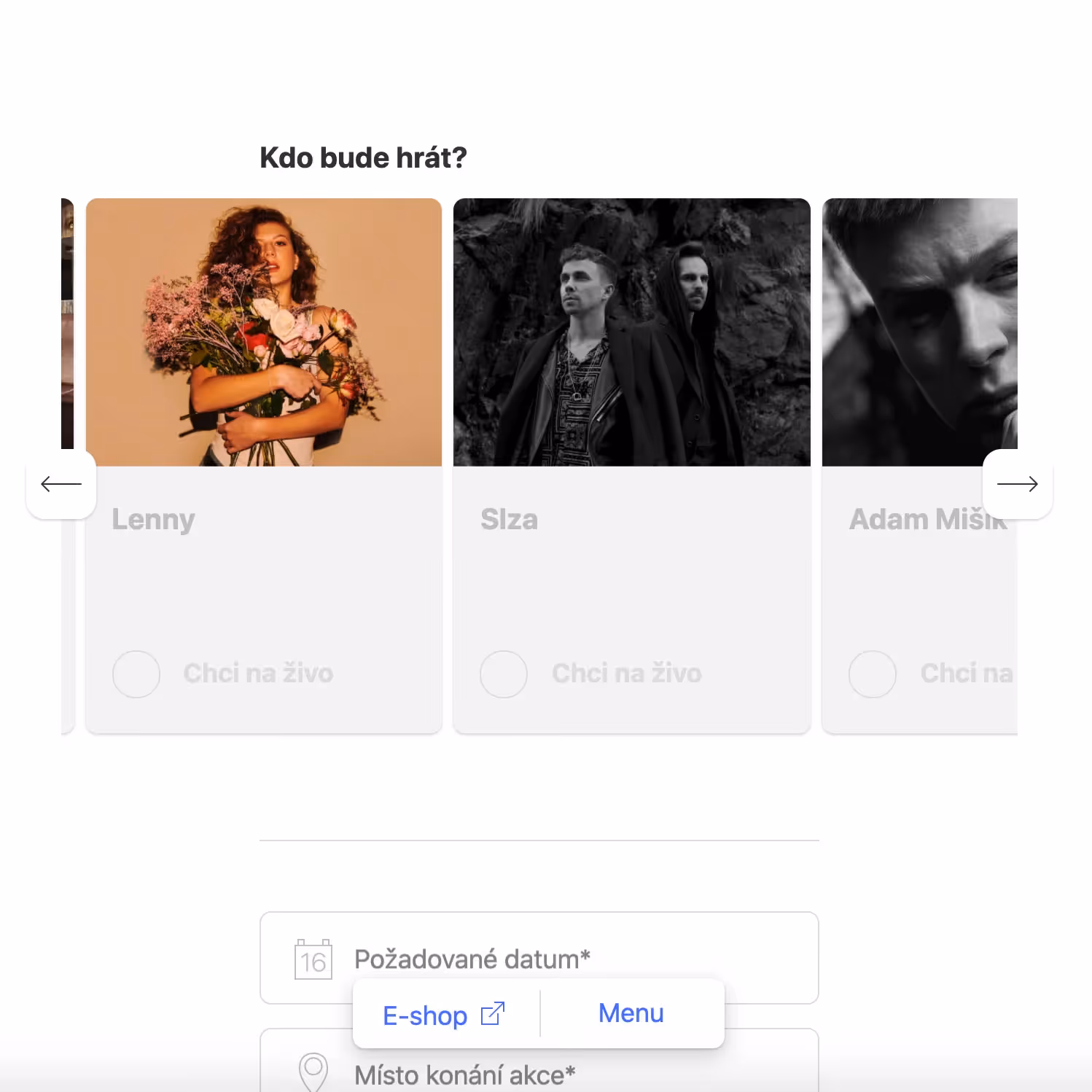 Výběr interpretů koncertu: Lenny s kyticí, duo Slza u skály, Adam Mišík v černobílém snímku.