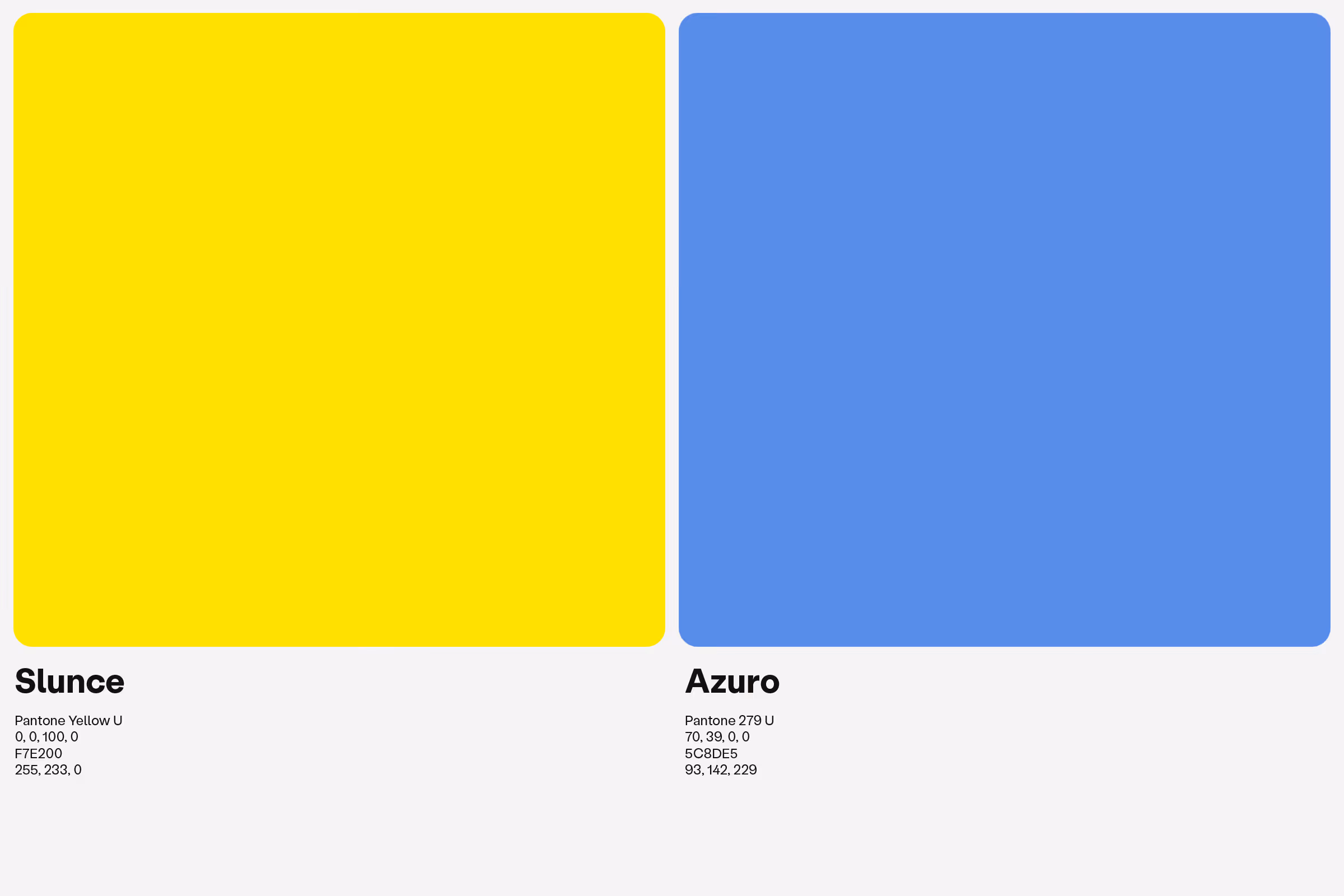Dva barevné bloky: žlutý Pantone Yellow U vlevo a modrý Pantone 279 U vpravo s jejich kódy.