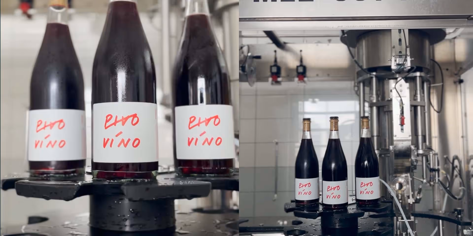 Tři láhve červeného vína s bílou etiketou a nápisem Rho Vino na plnící lince.