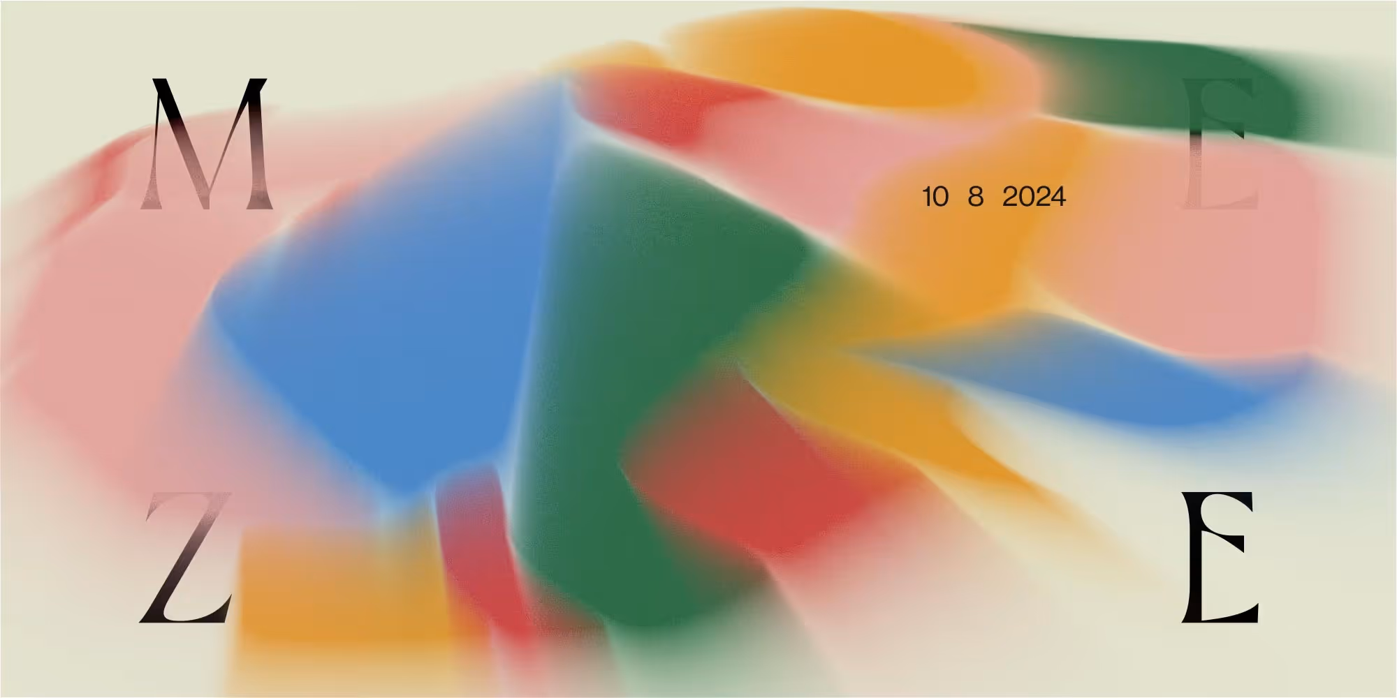 Barevné abstraktní rozmazané tvary a písmena M, E, Z, E s datem 10 8 2024.
