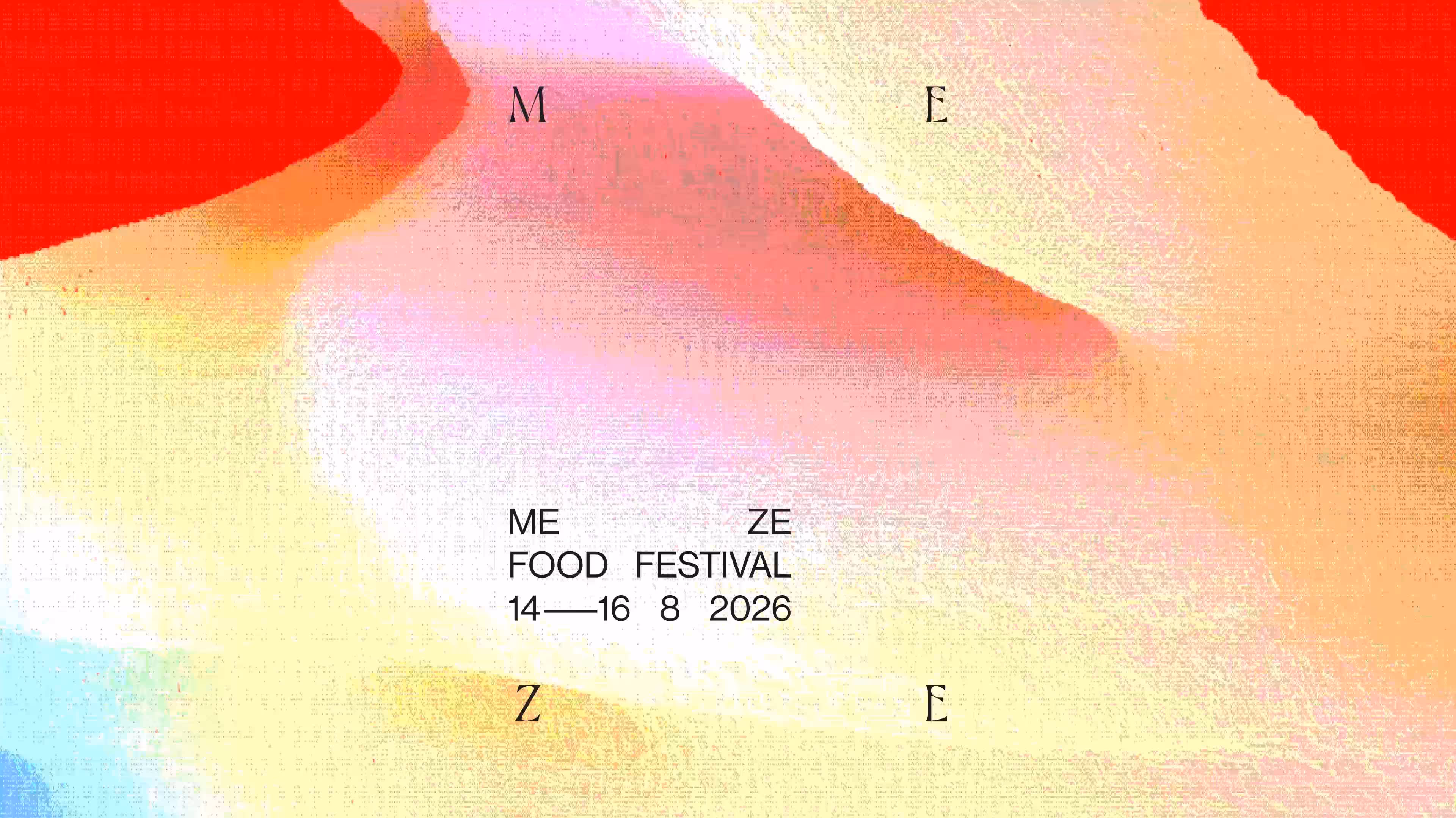 Barevné abstraktní tvary s textem Meze Food Festival 14–16 8 2026 uprostřed.