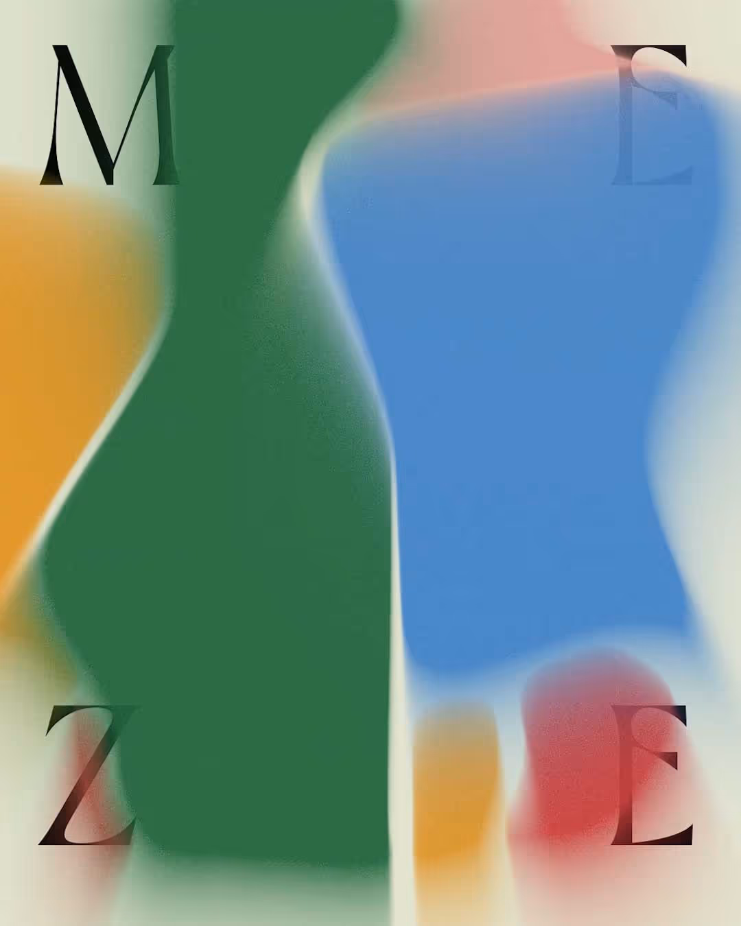 Abstraktní umění s rozmazanými zelenými, modrými, oranžovými a červenými tvary a písmeny M, E, Z, E.