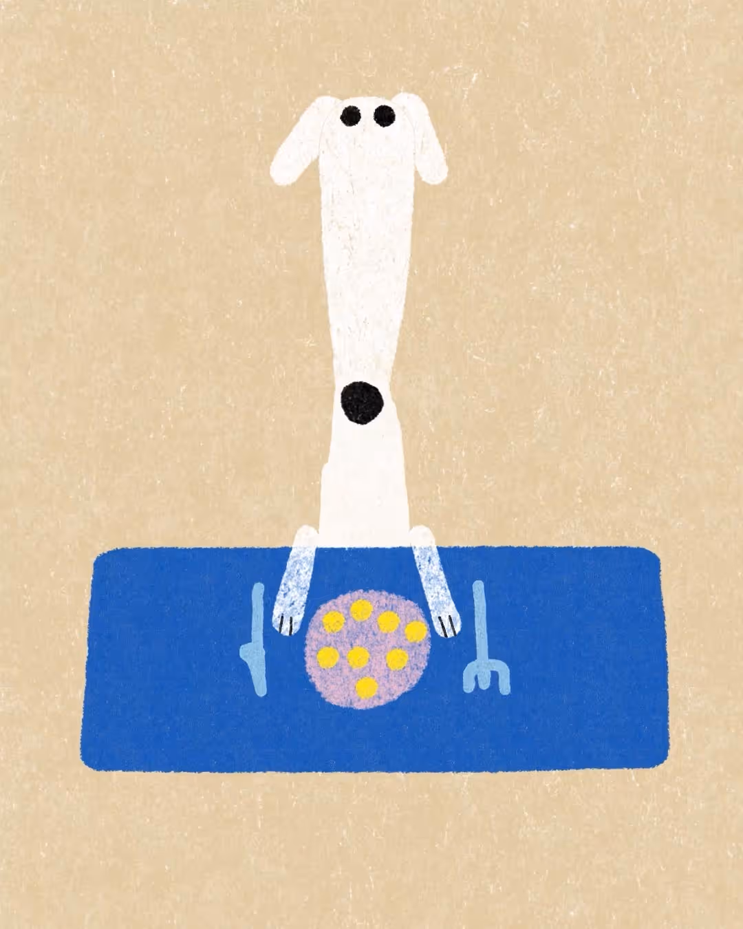 Ilustrace psa sedícího před talířem s jídlem na modrém prostírání.