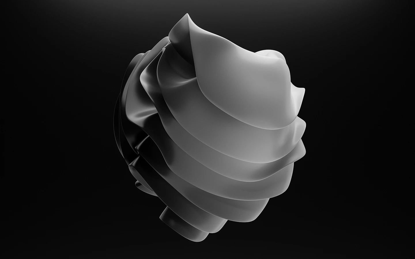 Abstract black and white layered 3D shape with smooth, curved surfaces on a black background.