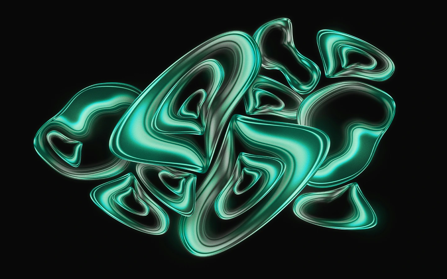 Abstract glowing green and black organic shapes clustered on a black background.