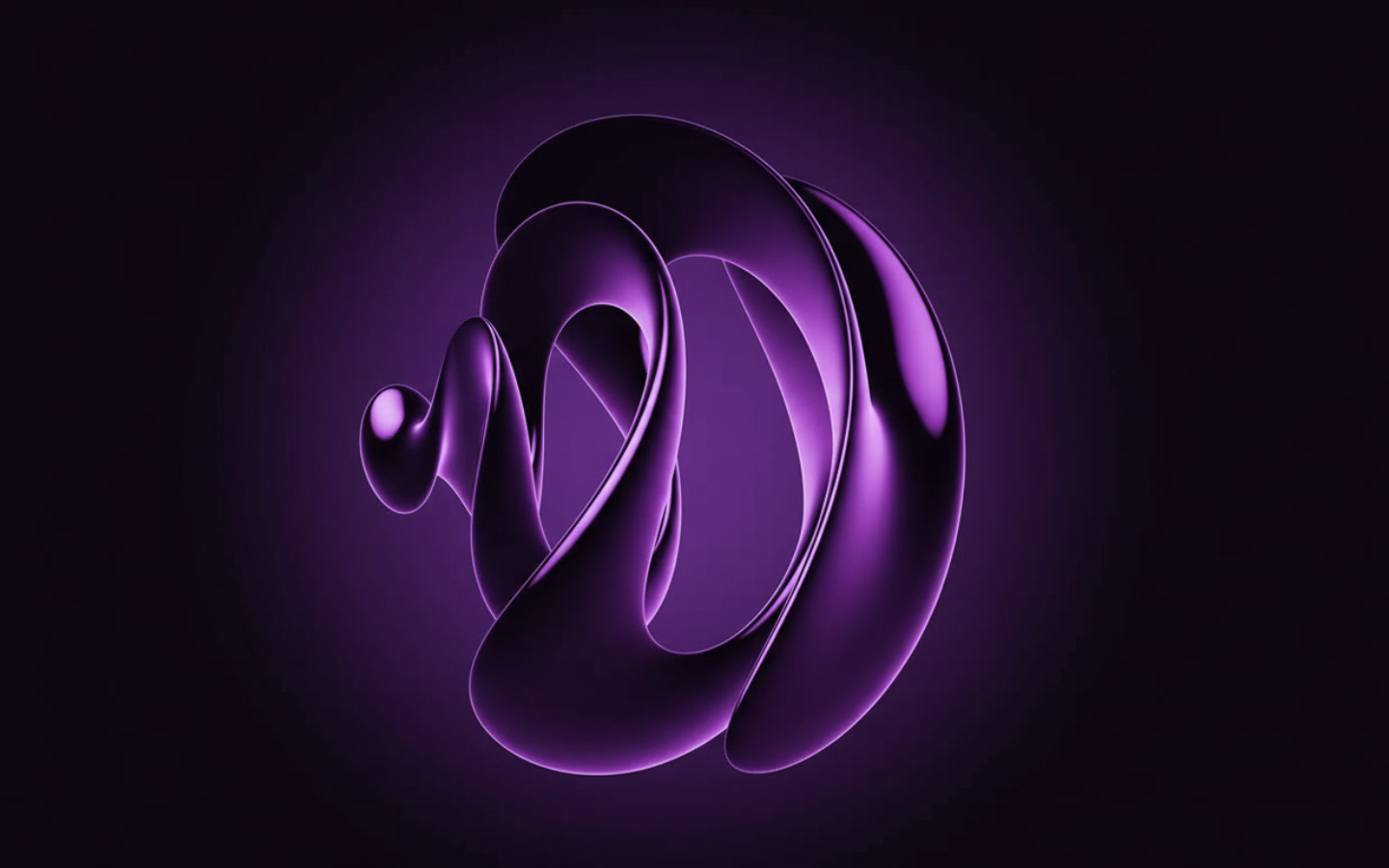 Abstract smooth, shiny, dark blue ribbon-like shape with curves and loops on a dark gradient background.