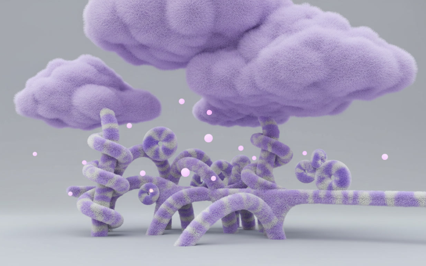 Cluster of fluffy, purple and white furry donut-shaped objects against a light gray background.