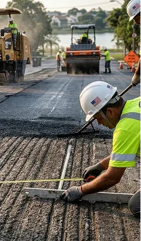 Worker measuring milled surface before asphalt overlay application on roadway
