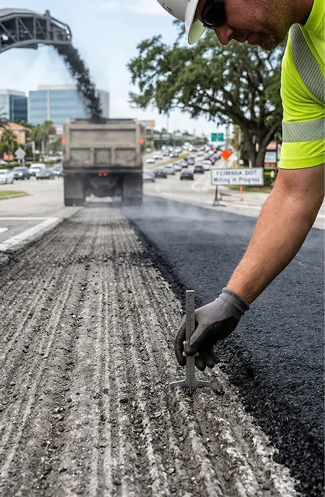 Close-up of milled asphalt surface before fresh overlay installation